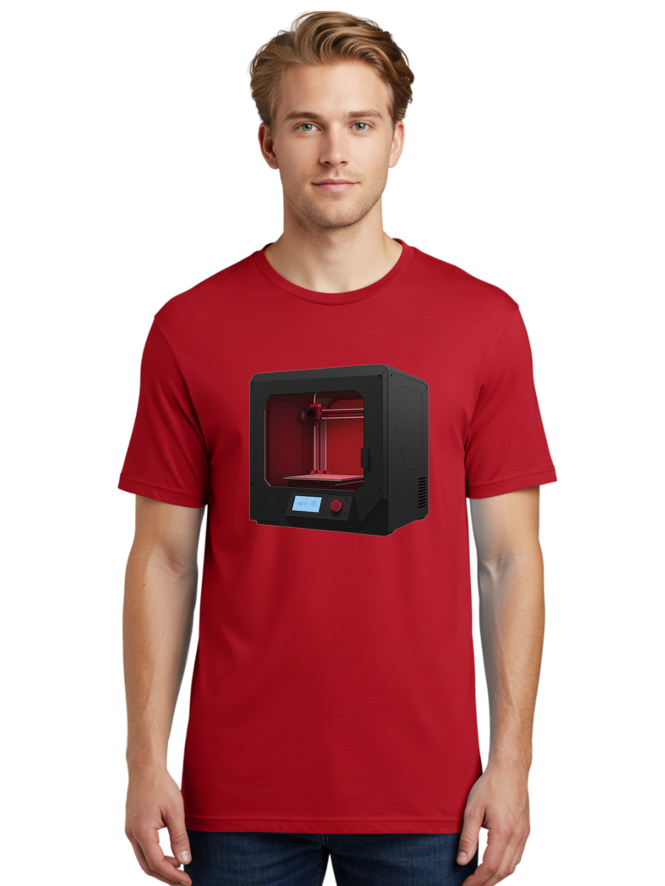 3D-Printer-12 Men'S Graphic Tee, 100% Cotton, Comfortable Casual Summer Wear, Machine Washable, 3D Printing Technology, Additive Manufacturing, Red Lit Interior, Digital Display, Control Panel, Futuristic Design, Precision Engineering, Baa005