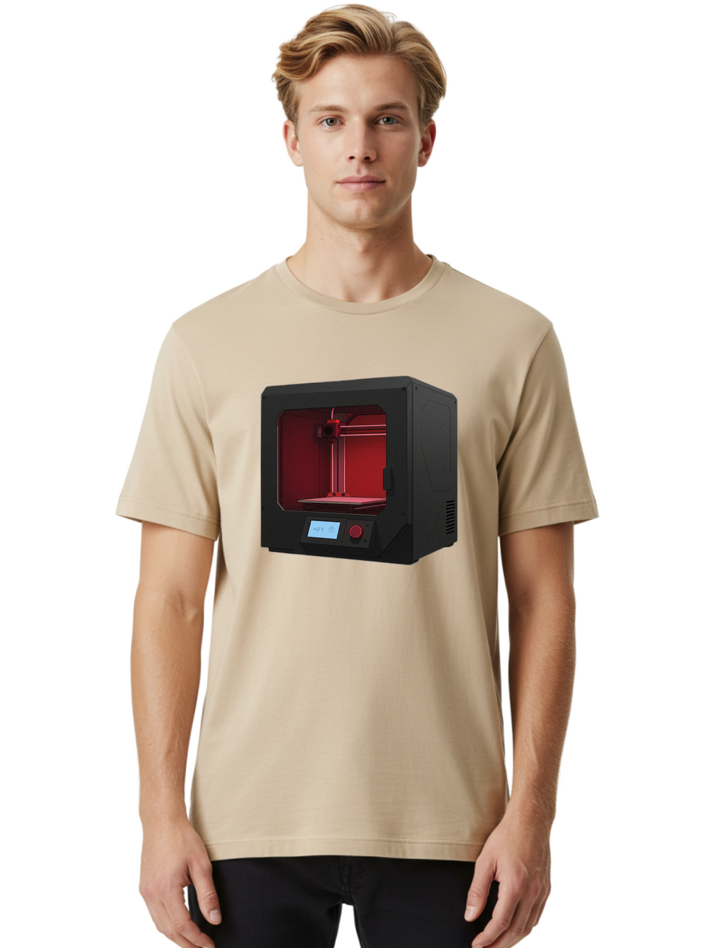 3D-Printer-12 Men'S Graphic Tee, 100% Cotton, Comfortable Casual Summer Wear, Machine Washable, 3D Printing Technology, Additive Manufacturing, Red Lit Interior, Digital Display, Control Panel, Futuristic Design, Precision Engineering, Baa005