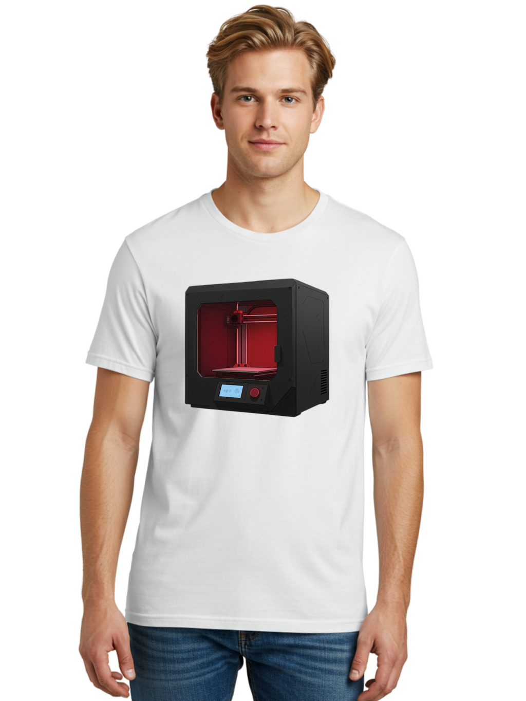 3D-Printer-12 Men'S Graphic Tee, 100% Cotton, Comfortable Casual Summer Wear, Machine Washable, 3D Printing Technology, Additive Manufacturing, Red Lit Interior, Digital Display, Control Panel, Futuristic Design, Precision Engineering, Baa005