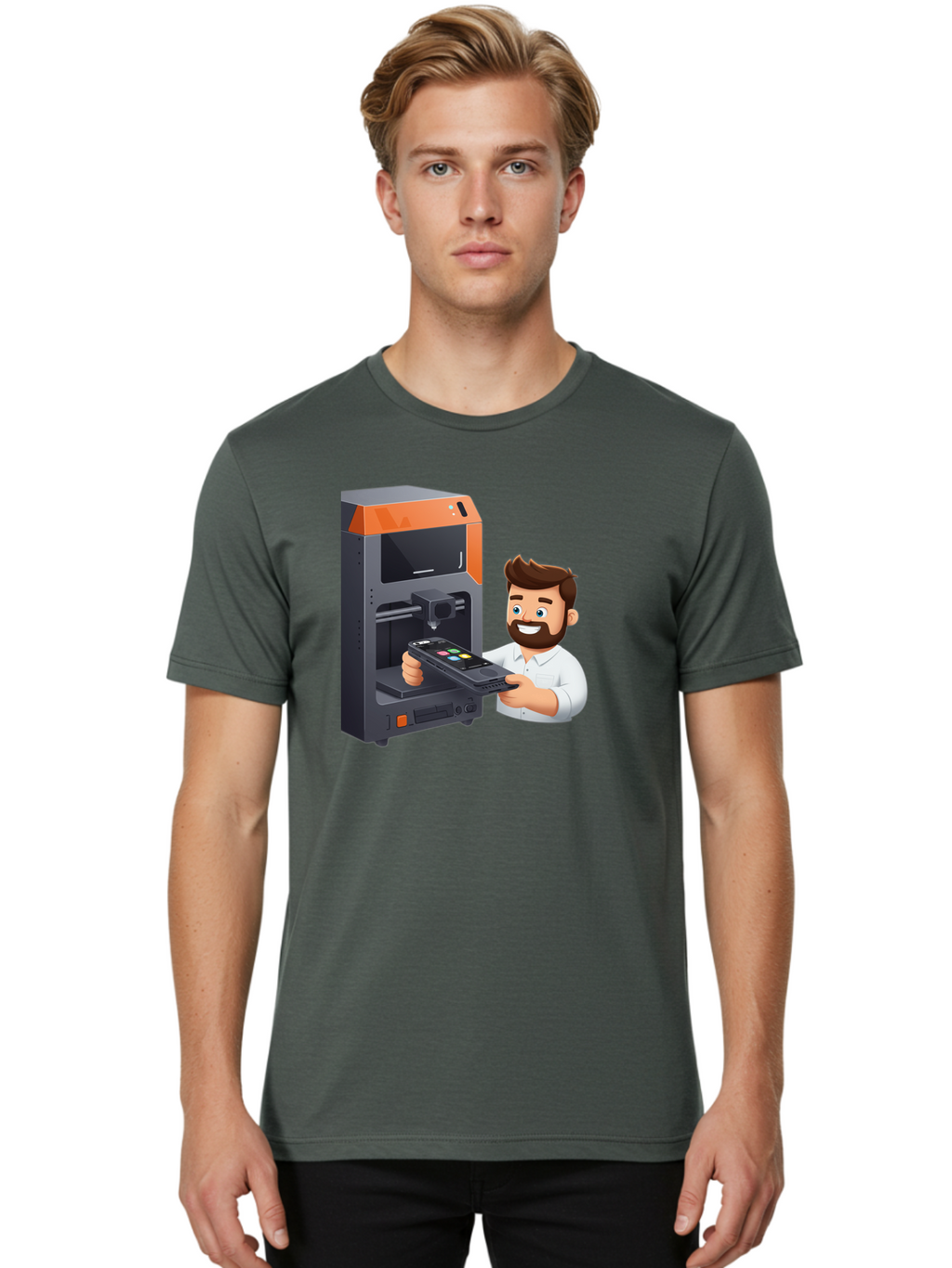 3D-Printer-18 Men'S Graphic Tee, 100% Cotton, Comfortable Casual Summer Wear, Machine Washable, Man Holding Phone, 3D Printing Technology, Phone Scanning, Digital Design, Modern Innovation, Futuristic Manufacturing, 3D Printer Machine Baa011