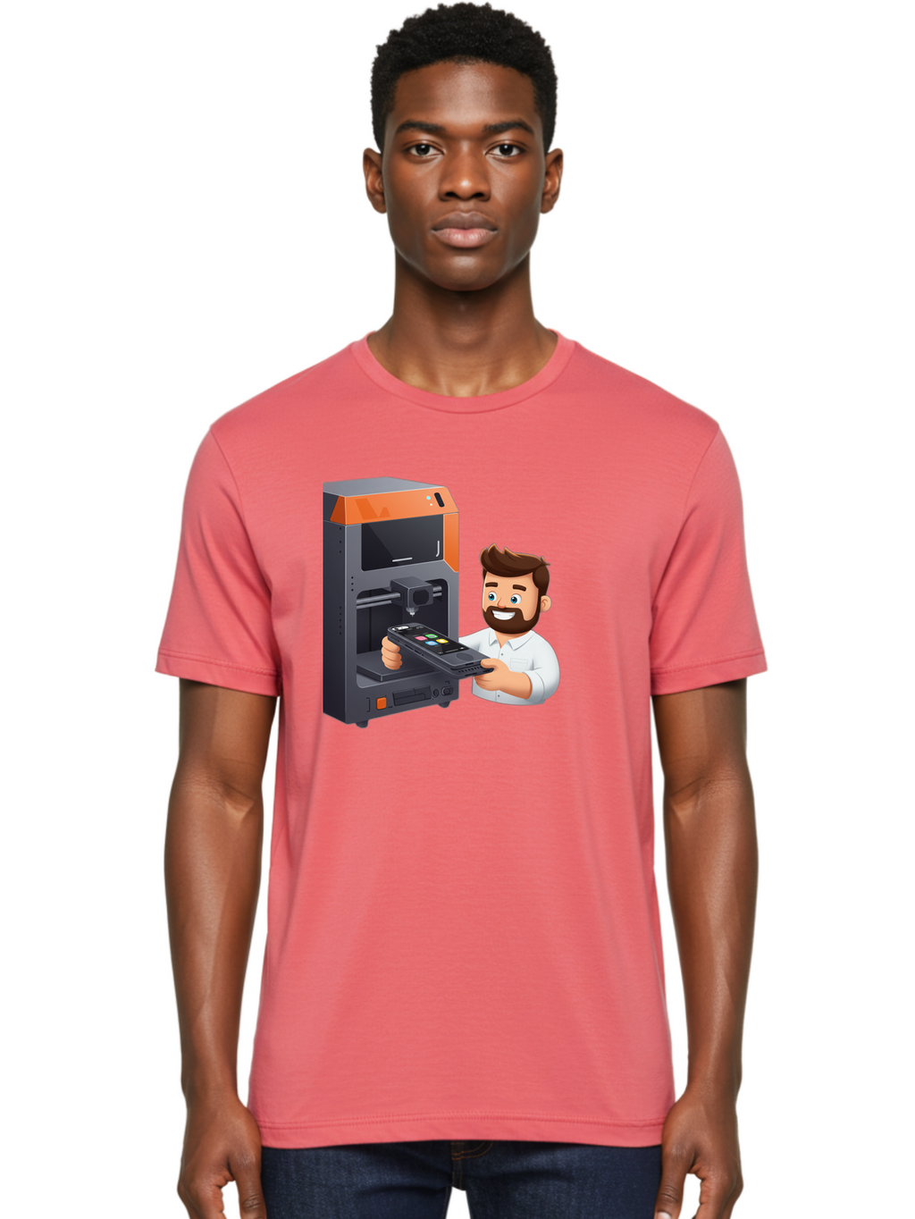 3D-Printer-18 Men'S Graphic Tee, 100% Cotton, Comfortable Casual Summer Wear, Machine Washable, Man Holding Phone, 3D Printing Technology, Phone Scanning, Digital Design, Modern Innovation, Futuristic Manufacturing, 3D Printer Machine Baa011