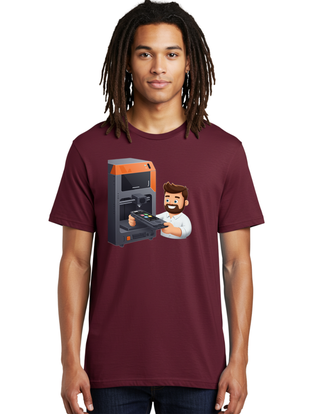 3D-Printer-18 Men'S Graphic Tee, 100% Cotton, Comfortable Casual Summer Wear, Machine Washable, Man Holding Phone, 3D Printing Technology, Phone Scanning, Digital Design, Modern Innovation, Futuristic Manufacturing, 3D Printer Machine Baa011