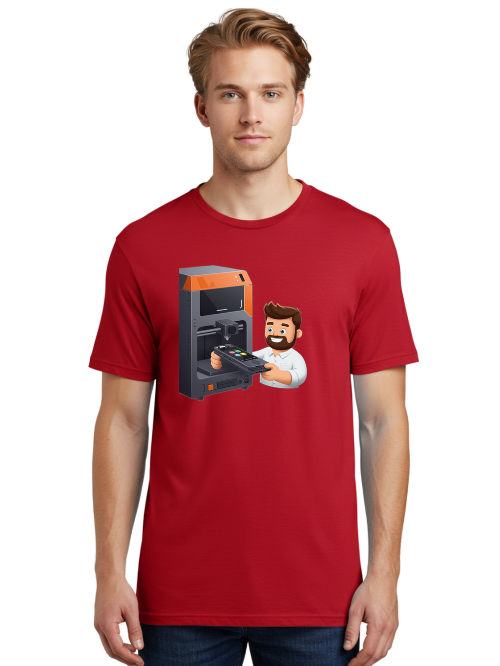 3D-Printer-18 Men'S Graphic Tee, 100% Cotton, Comfortable Casual Summer Wear, Machine Washable, Man Holding Phone, 3D Printing Technology, Phone Scanning, Digital Design, Modern Innovation, Futuristic Manufacturing, 3D Printer Machine Baa011