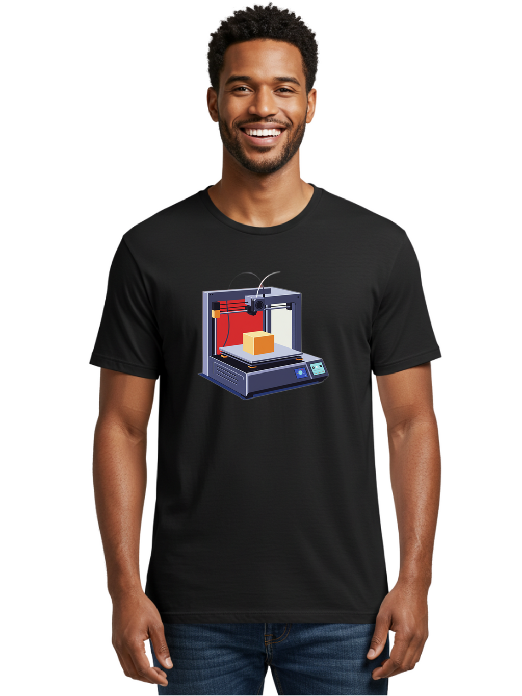 3D-Printer-2 Men'S Graphic Tee, 100% Cotton, Comfortable Casual Summer Wear, Machine Washable, 3D Printing Technology, Additive Manufacturing, Printed Cube, Digital Fabrication, Rapid Prototyping, Industrial Innovation, Futuristic Design Baa013