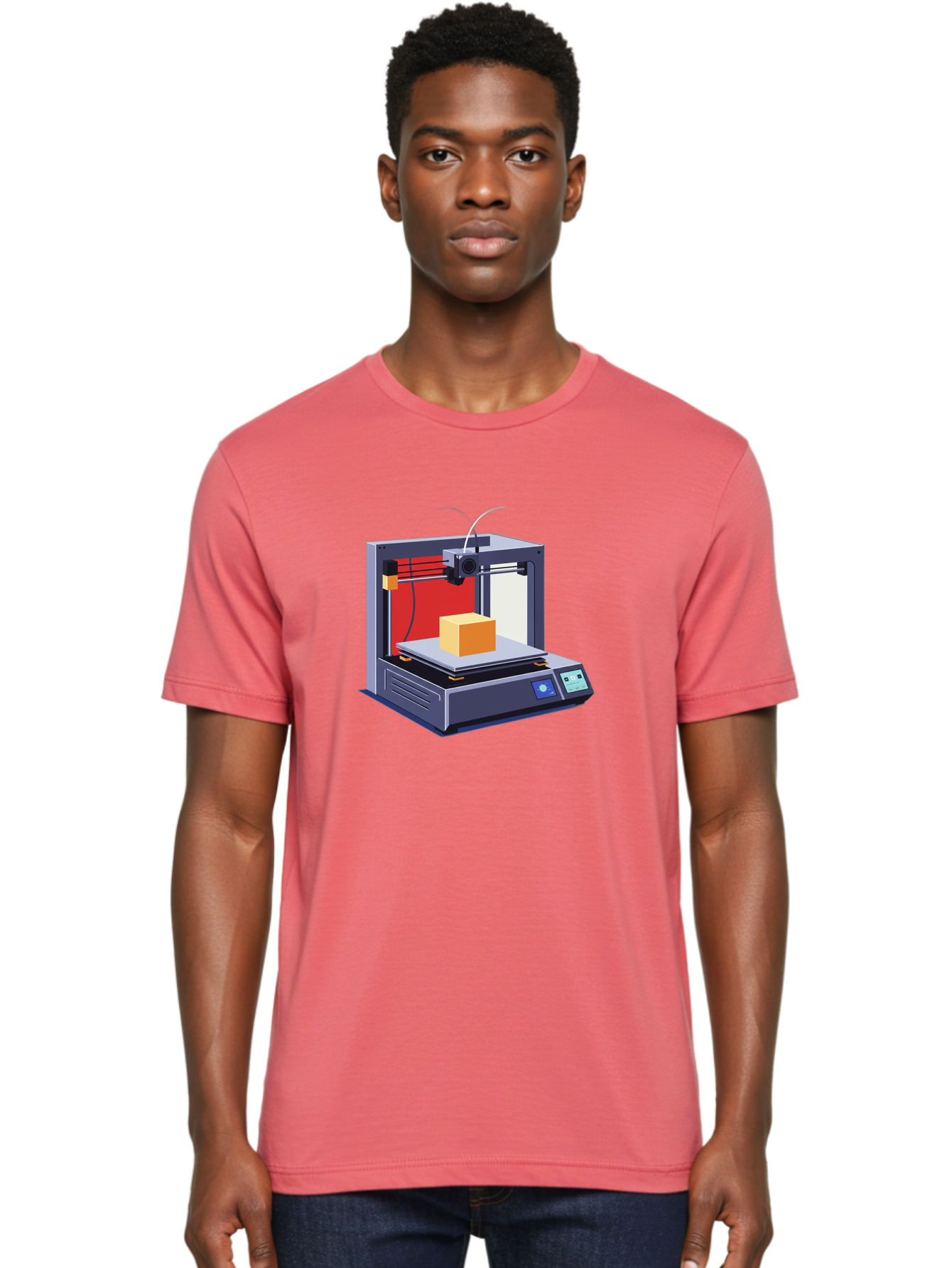 3D-Printer-2 Men'S Graphic Tee, 100% Cotton, Comfortable Casual Summer Wear, Machine Washable, 3D Printing Technology, Additive Manufacturing, Printed Cube, Digital Fabrication, Rapid Prototyping, Industrial Innovation, Futuristic Design Baa013