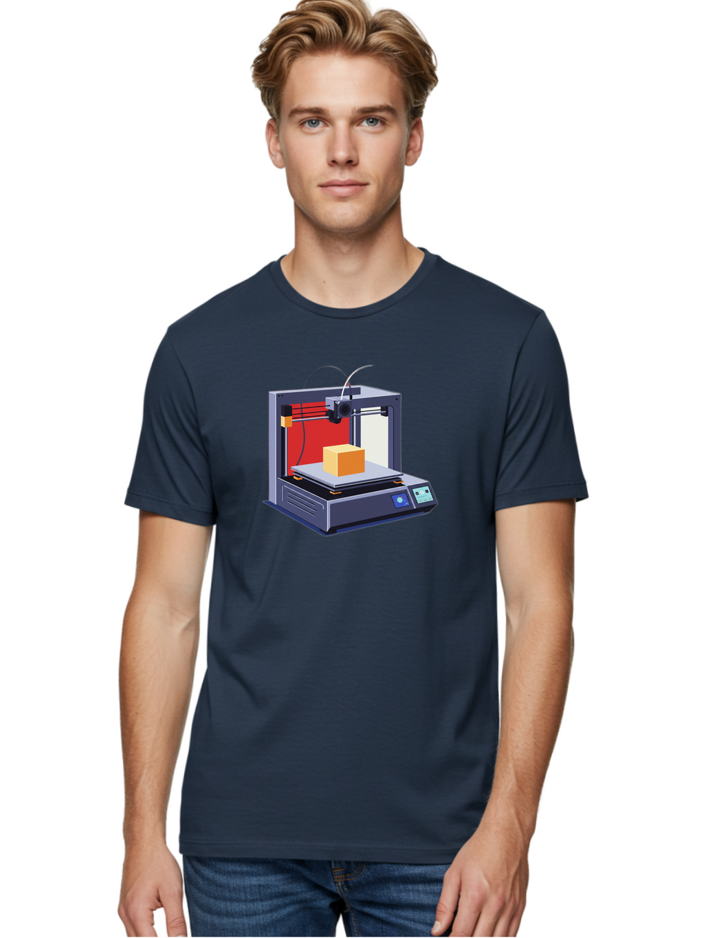 3D-Printer-2 Men'S Graphic Tee, 100% Cotton, Comfortable Casual Summer Wear, Machine Washable, 3D Printing Technology, Additive Manufacturing, Printed Cube, Digital Fabrication, Rapid Prototyping, Industrial Innovation, Futuristic Design Baa013