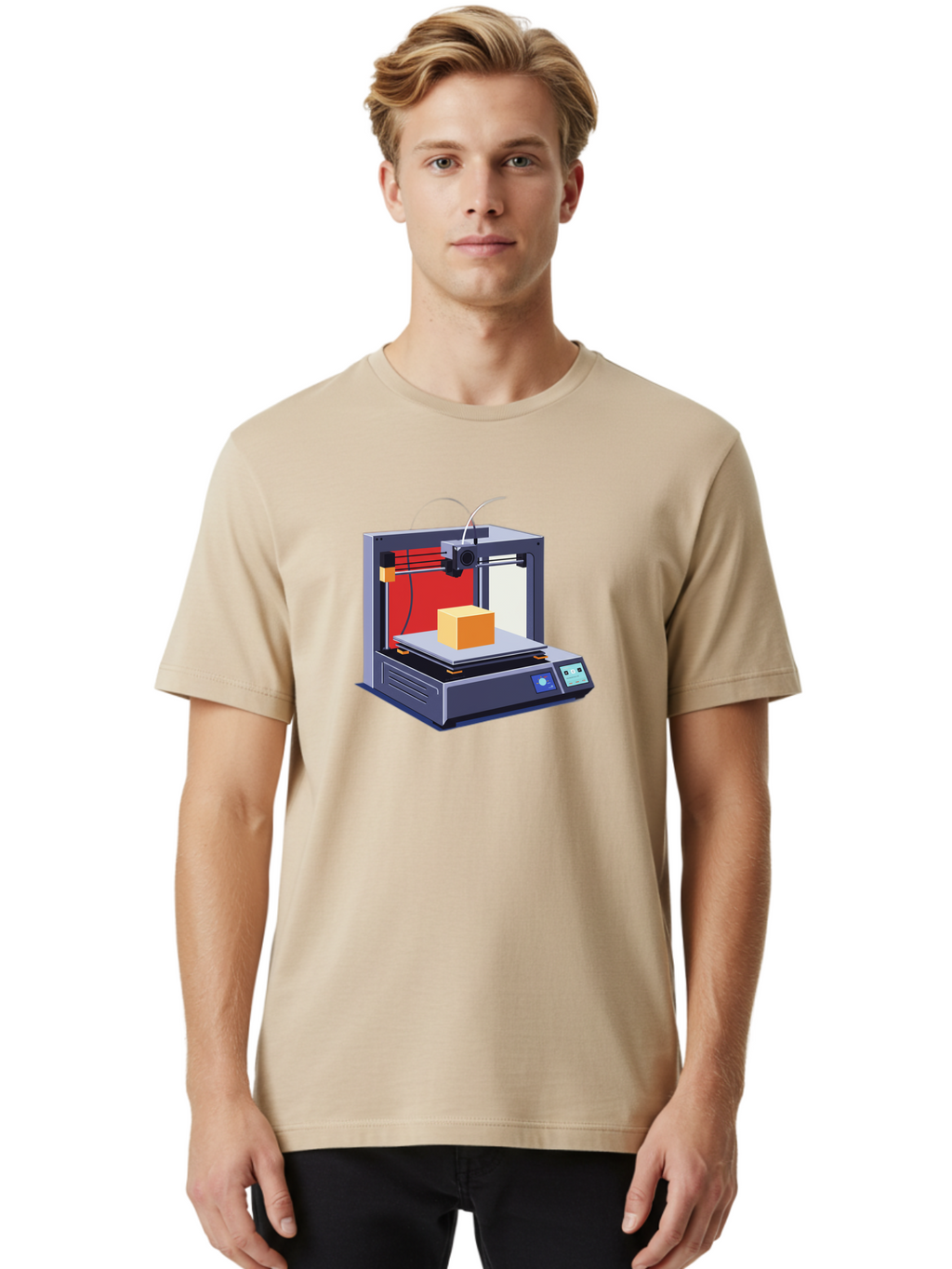 3D-Printer-2 Men'S Graphic Tee, 100% Cotton, Comfortable Casual Summer Wear, Machine Washable, 3D Printing Technology, Additive Manufacturing, Printed Cube, Digital Fabrication, Rapid Prototyping, Industrial Innovation, Futuristic Design Baa013