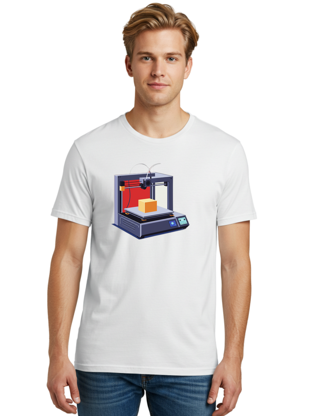 3D-Printer-2 Men'S Graphic Tee, 100% Cotton, Comfortable Casual Summer Wear, Machine Washable, 3D Printing Technology, Additive Manufacturing, Printed Cube, Digital Fabrication, Rapid Prototyping, Industrial Innovation, Futuristic Design Baa013