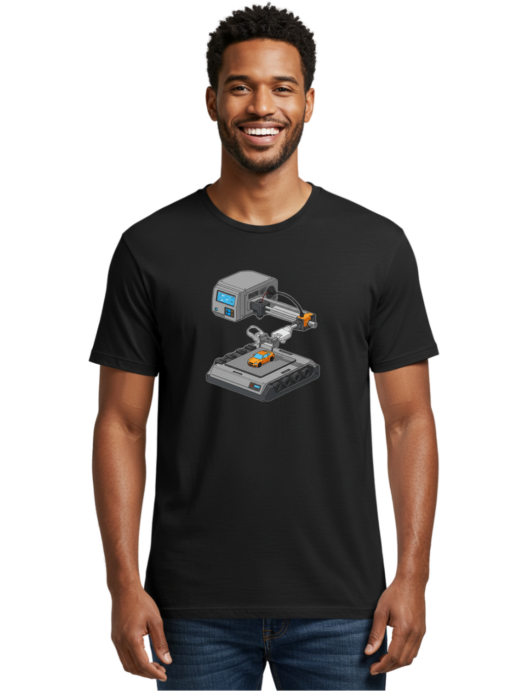 3D-Printer-22 Men'S Graphic Tee, 100% Cotton, Comfortable Casual Summer Wear, Machine Washable, 3D Printing Technology, Rapid Prototyping, Orange Sports Car, Digital Fabrication, Futuristic Manufacturing, Additive Manufacturing, 3D Modeling Baa016