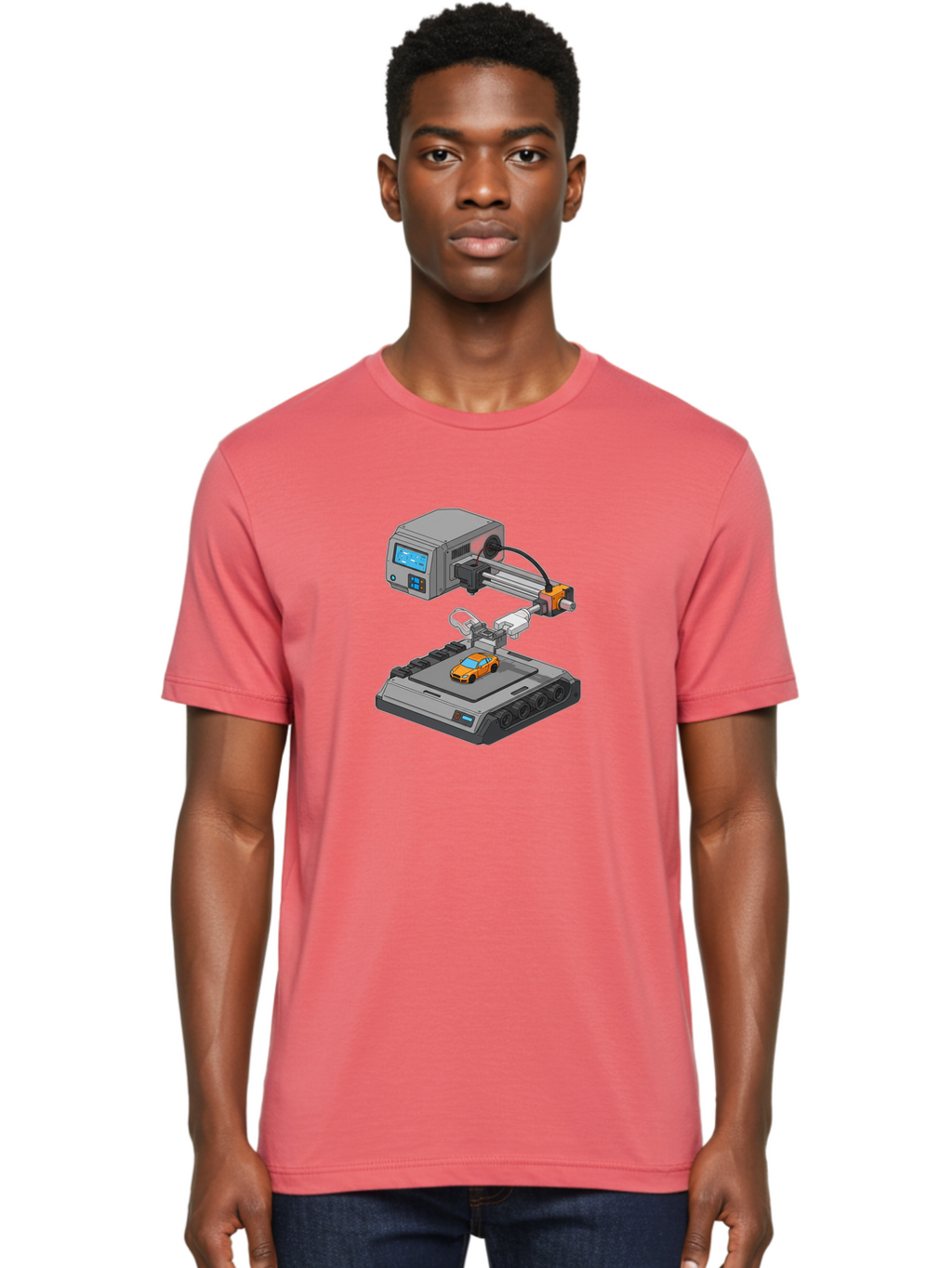 3D-Printer-22 Men'S Graphic Tee, 100% Cotton, Comfortable Casual Summer Wear, Machine Washable, 3D Printing Technology, Rapid Prototyping, Orange Sports Car, Digital Fabrication, Futuristic Manufacturing, Additive Manufacturing, 3D Modeling Baa016