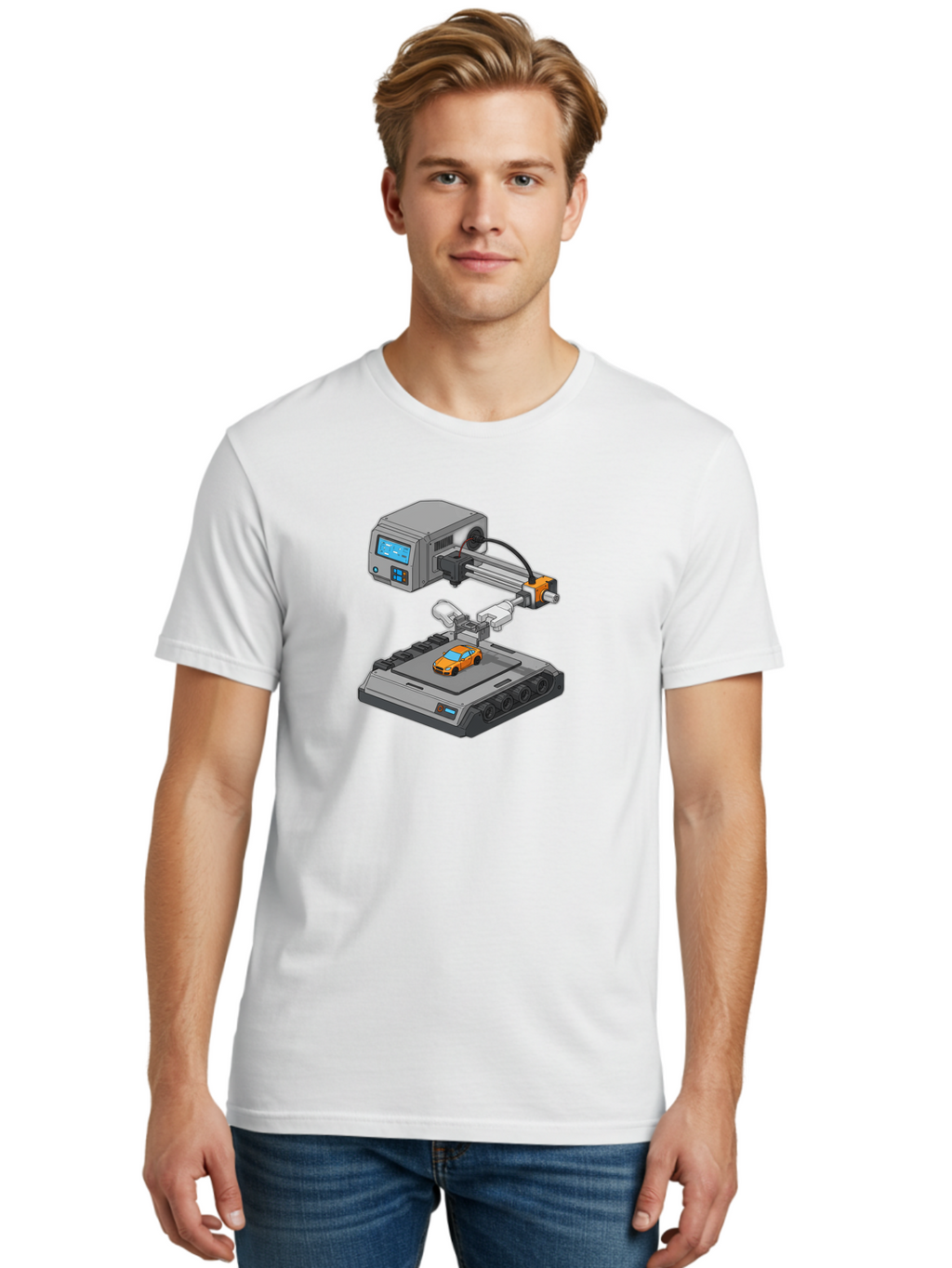 3D-Printer-22 Men'S Graphic Tee, 100% Cotton, Comfortable Casual Summer Wear, Machine Washable, 3D Printing Technology, Rapid Prototyping, Orange Sports Car, Digital Fabrication, Futuristic Manufacturing, Additive Manufacturing, 3D Modeling Baa016