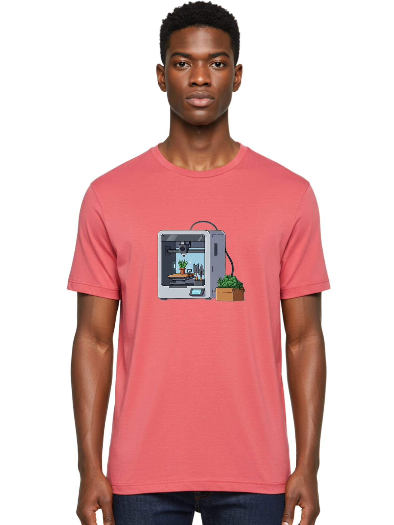 3D-Printer-23 Men'S Graphic Tee, 100% Cotton, Comfortable Casual Summer Wear, Machine Washable, 3D Printing Technology, Digital Fabrication, Futuristic Manufacturing, Potted Plant, Succulent Plants, Cardboard Box, Modern Machinery, Baa017