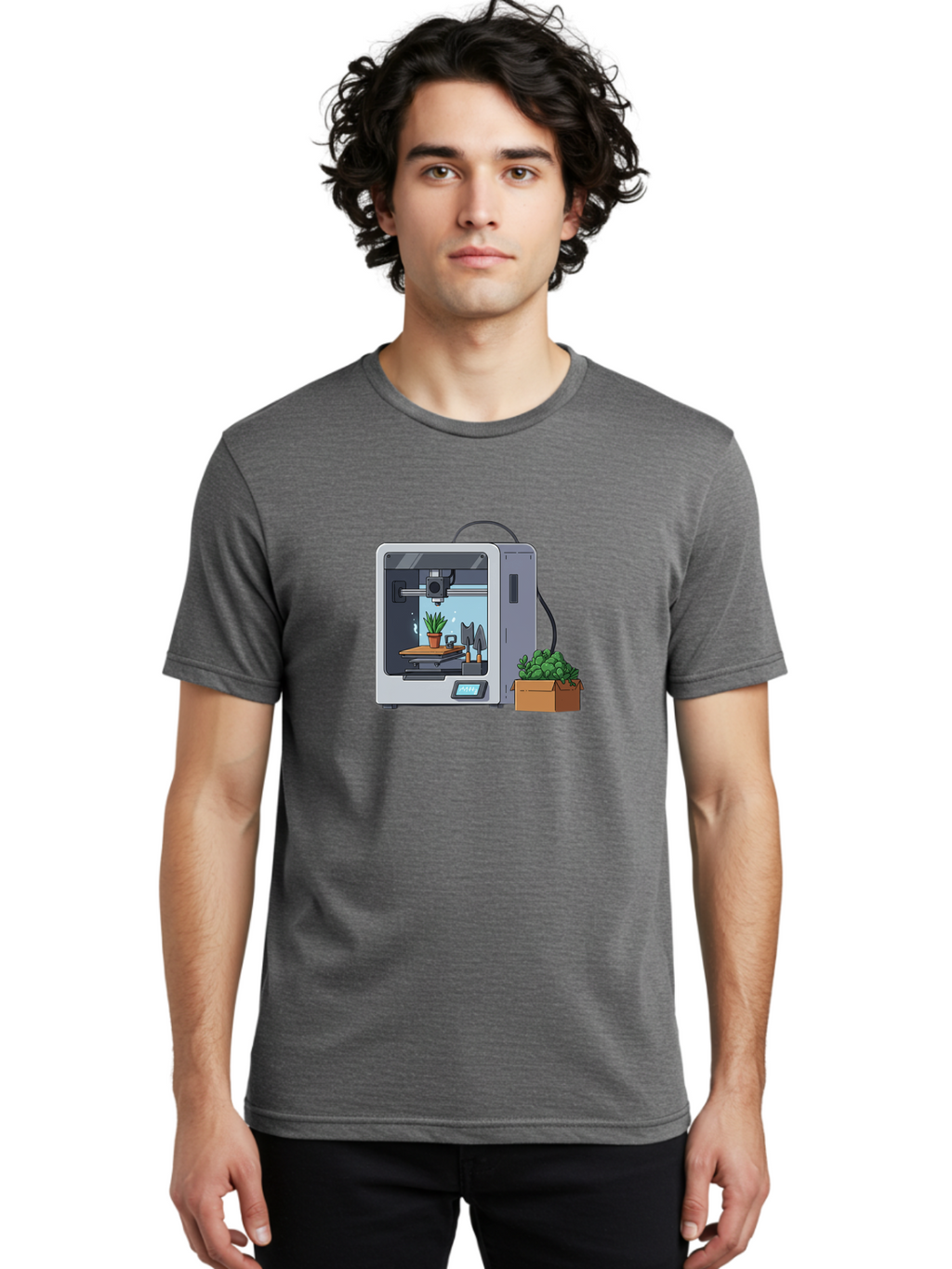 3D-Printer-23 Men'S Graphic Tee, 100% Cotton, Comfortable Casual Summer Wear, Machine Washable, 3D Printing Technology, Digital Fabrication, Futuristic Manufacturing, Potted Plant, Succulent Plants, Cardboard Box, Modern Machinery, Baa017