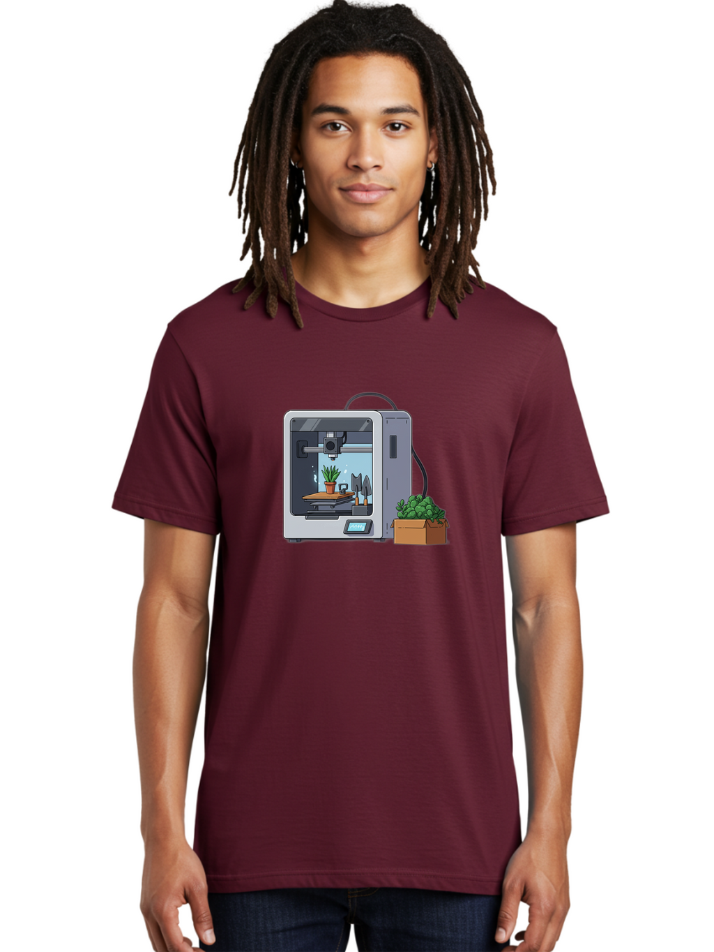 3D-Printer-23 Men'S Graphic Tee, 100% Cotton, Comfortable Casual Summer Wear, Machine Washable, 3D Printing Technology, Digital Fabrication, Futuristic Manufacturing, Potted Plant, Succulent Plants, Cardboard Box, Modern Machinery, Baa017