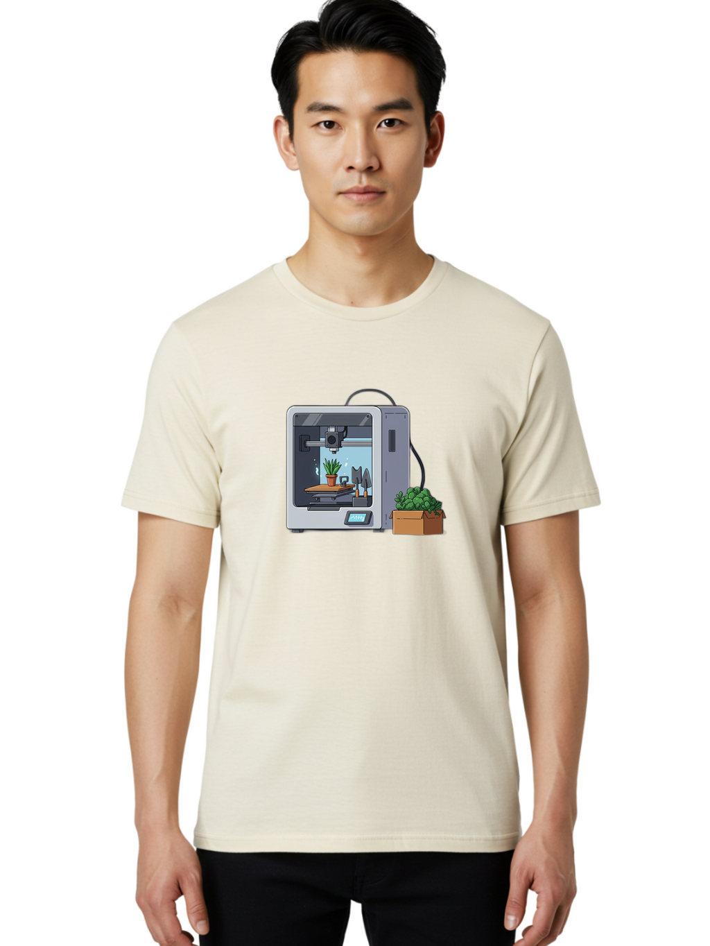 3D-Printer-23 Men'S Graphic Tee, 100% Cotton, Comfortable Casual Summer Wear, Machine Washable, 3D Printing Technology, Digital Fabrication, Futuristic Manufacturing, Potted Plant, Succulent Plants, Cardboard Box, Modern Machinery, Baa017
