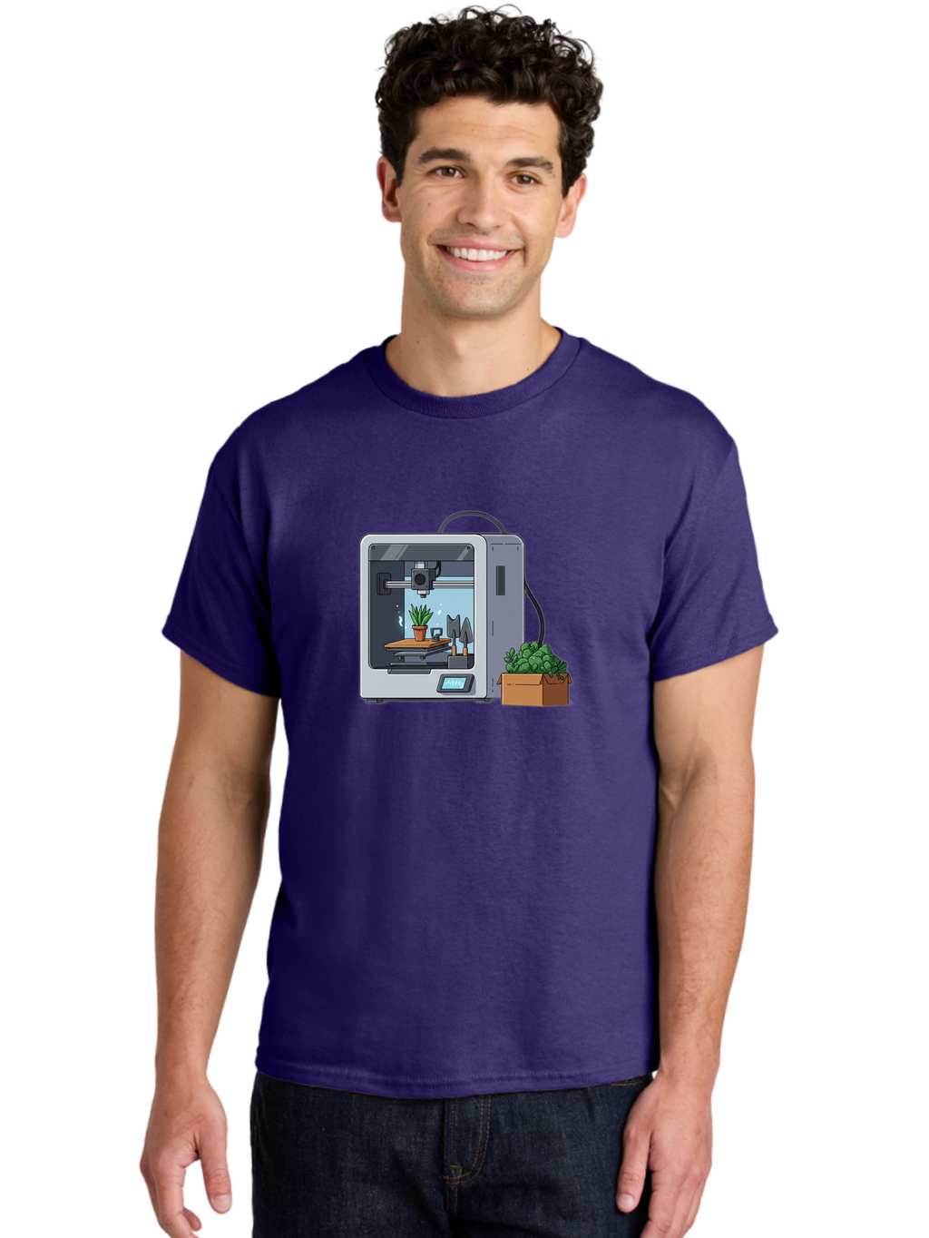 3D-Printer-23 Men'S Graphic Tee, 100% Cotton, Comfortable Casual Summer Wear, Machine Washable, 3D Printing Technology, Digital Fabrication, Futuristic Manufacturing, Potted Plant, Succulent Plants, Cardboard Box, Modern Machinery, Baa017