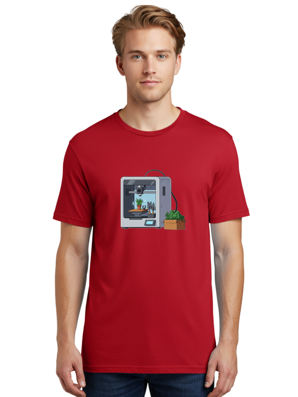 3D-Printer-23 Men'S Graphic Tee, 100% Cotton, Comfortable Casual Summer Wear, Machine Washable, 3D Printing Technology, Digital Fabrication, Futuristic Manufacturing, Potted Plant, Succulent Plants, Cardboard Box, Modern Machinery, Baa017