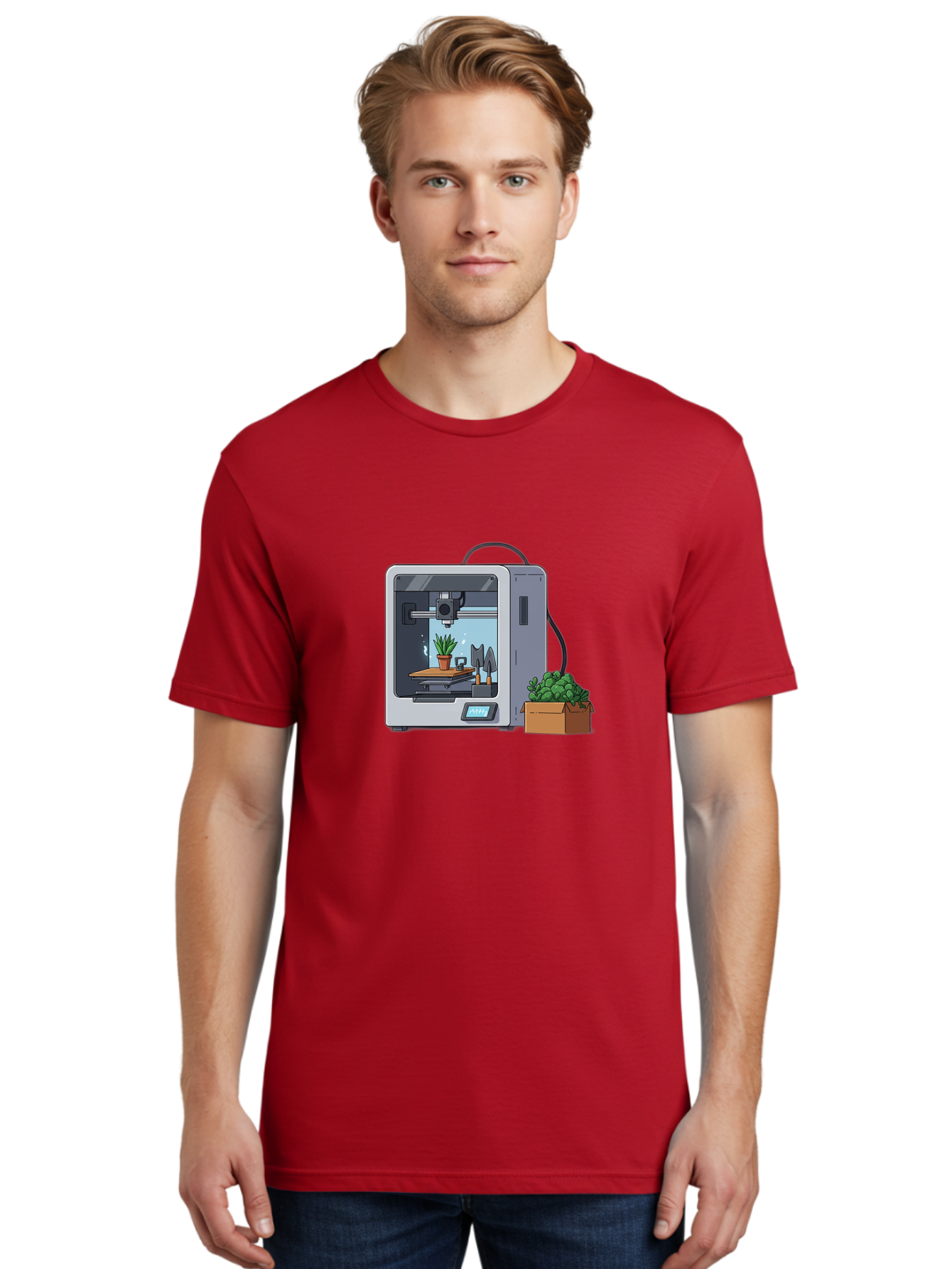 3D-Printer-23 Men'S Graphic Tee, 100% Cotton, Comfortable Casual Summer Wear, Machine Washable, 3D Printing Technology, Digital Fabrication, Futuristic Manufacturing, Potted Plant, Succulent Plants, Cardboard Box, Modern Machinery, Baa017
