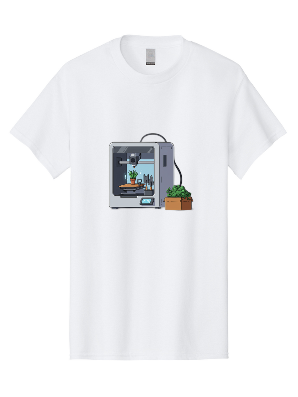 3D-Printer-23 Men'S Graphic Tee, 100% Cotton, Comfortable Casual Summer Wear, Machine Washable, 3D Printing Technology, Digital Fabrication, Futuristic Manufacturing, Potted Plant, Succulent Plants, Cardboard Box, Modern Machinery, Baa017