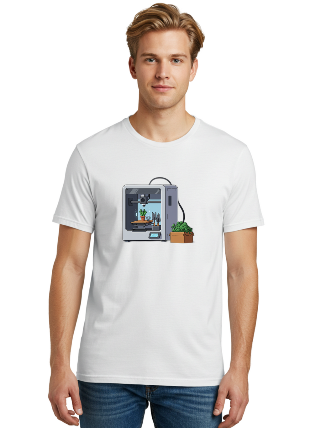 3D-Printer-23 Men'S Graphic Tee, 100% Cotton, Comfortable Casual Summer Wear, Machine Washable, 3D Printing Technology, Digital Fabrication, Futuristic Manufacturing, Potted Plant, Succulent Plants, Cardboard Box, Modern Machinery, Baa017