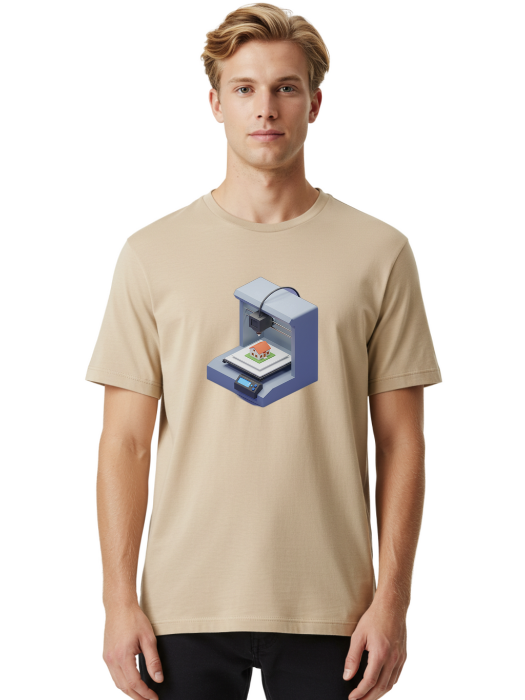 3D-Printer-25 Men'S Graphic Tee, 100% Cotton, Comfortable Casual Summer Wear, Machine Washable, 3D Printing Technology, House Model, Additive Manufacturing, Digital Fabrication, Rapid Prototyping, Modern Architecture, Futuristic Design, Baa019