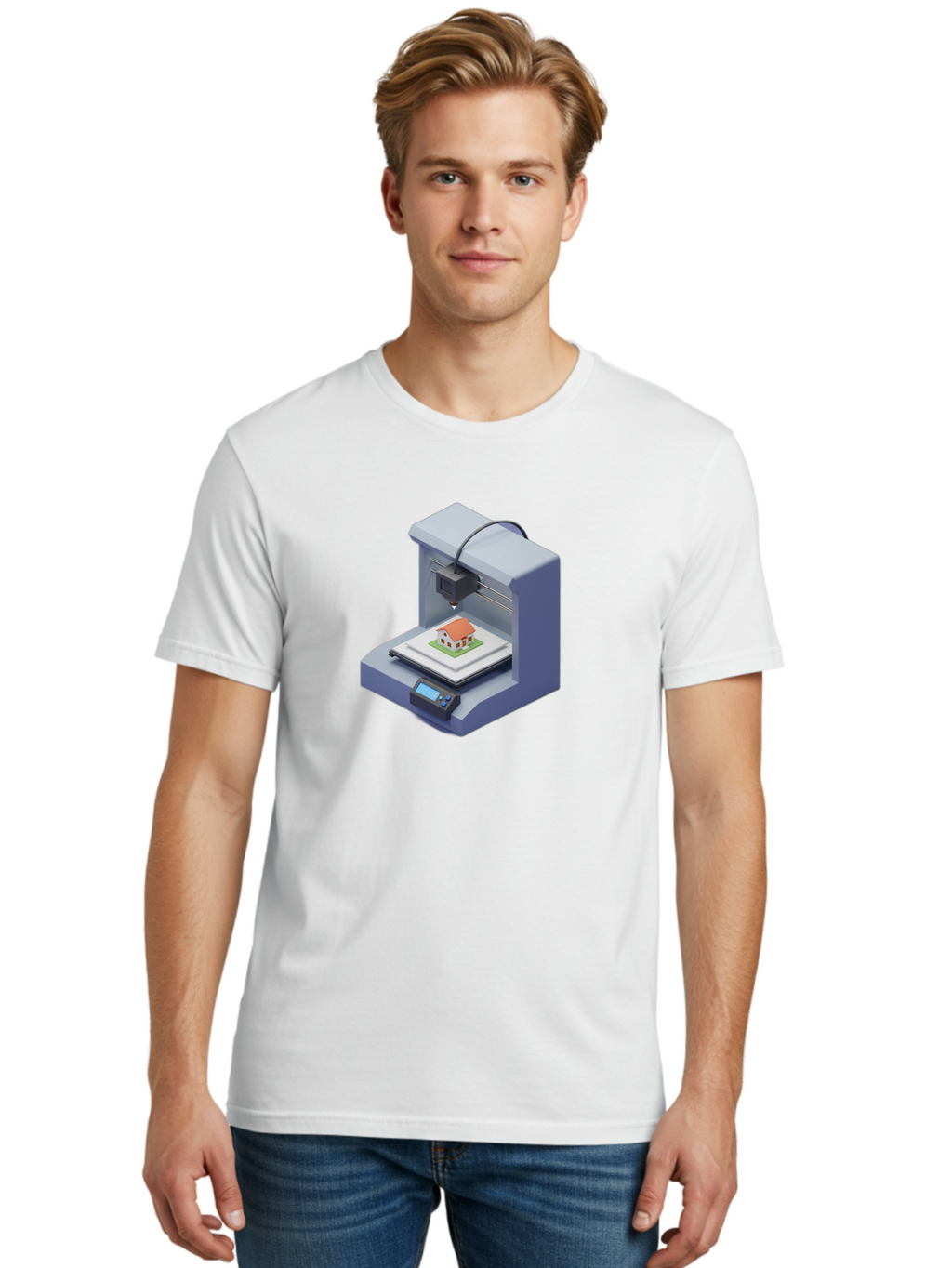 3D-Printer-25 Men'S Graphic Tee, 100% Cotton, Comfortable Casual Summer Wear, Machine Washable, 3D Printing Technology, House Model, Additive Manufacturing, Digital Fabrication, Rapid Prototyping, Modern Architecture, Futuristic Design, Baa019