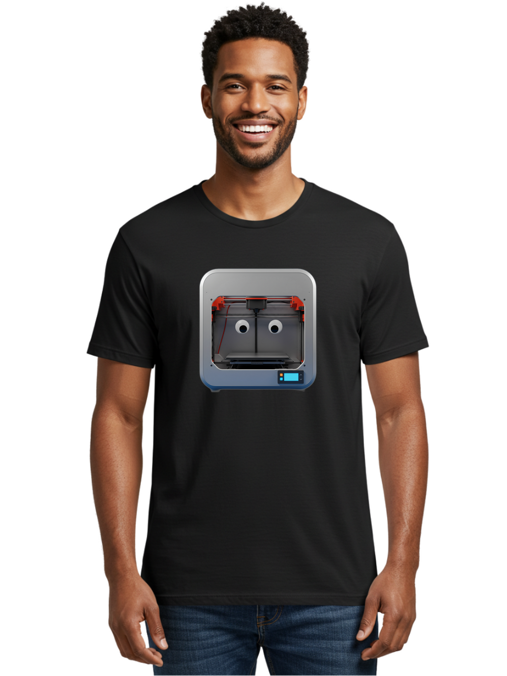 3D-Printer-27 Men'S Graphic Tee, 100% Cotton, Comfortable Casual Summer Wear, Machine Washable, 3D Printing Technology, Additive Manufacturing, Digital Fabrication, Printer Interior, Gray Metal Frame, Orange Accents, Control Panel, Baa021
