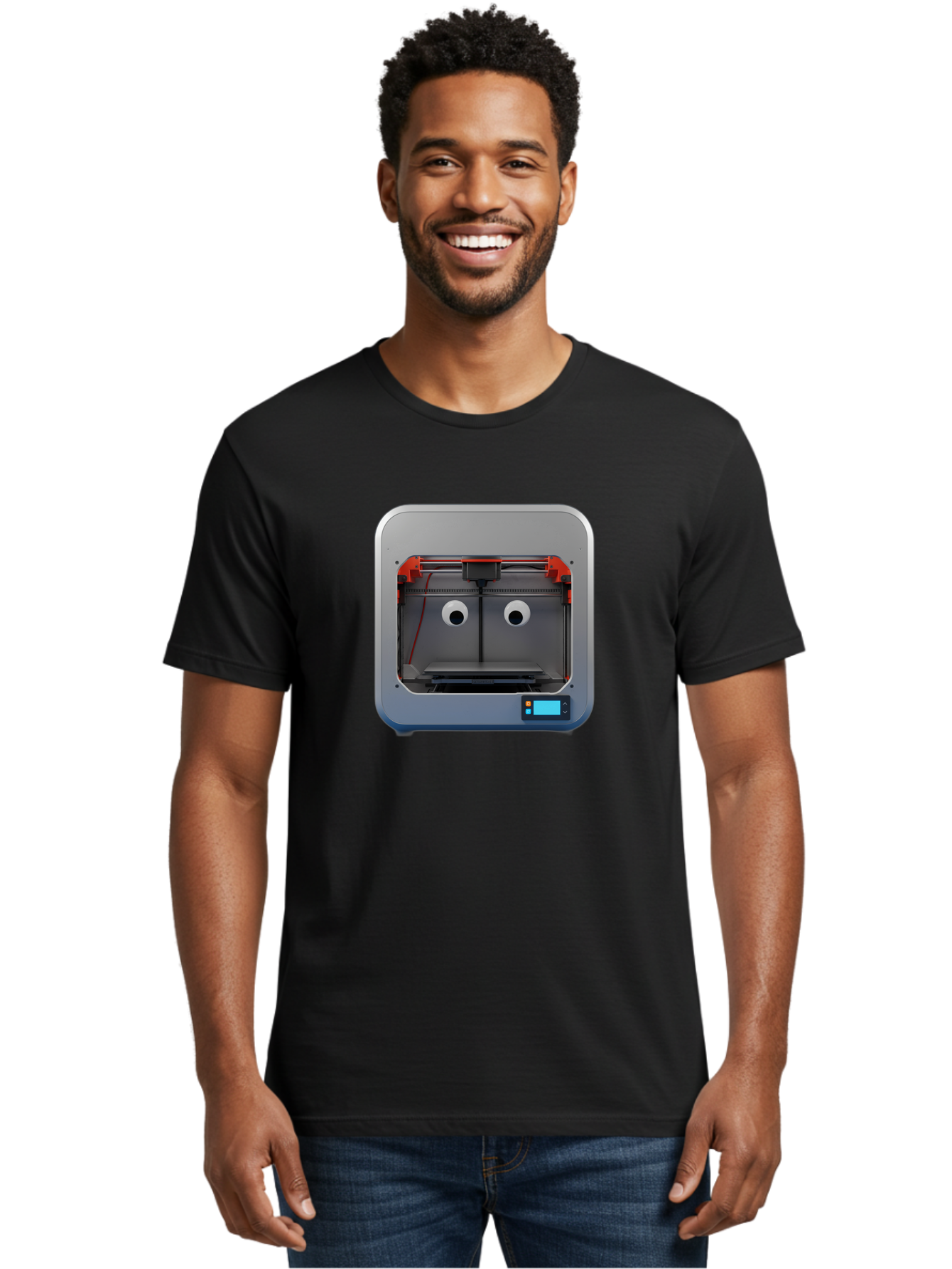 3D-Printer-27 Men'S Graphic Tee, 100% Cotton, Comfortable Casual Summer Wear, Machine Washable, 3D Printing Technology, Additive Manufacturing, Digital Fabrication, Printer Interior, Gray Metal Frame, Orange Accents, Control Panel, Baa021