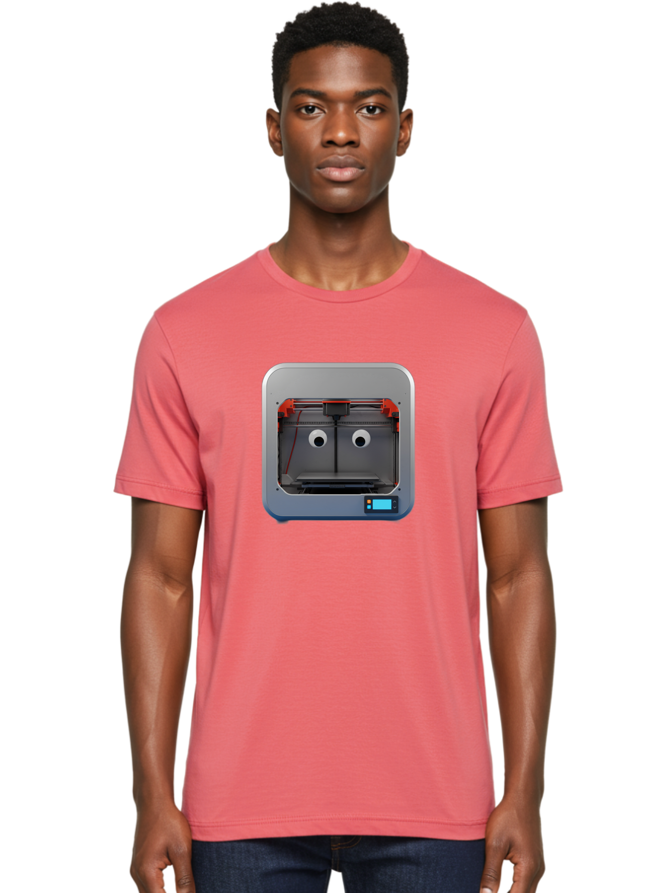 3D-Printer-27 Men'S Graphic Tee, 100% Cotton, Comfortable Casual Summer Wear, Machine Washable, 3D Printing Technology, Additive Manufacturing, Digital Fabrication, Printer Interior, Gray Metal Frame, Orange Accents, Control Panel, Baa021