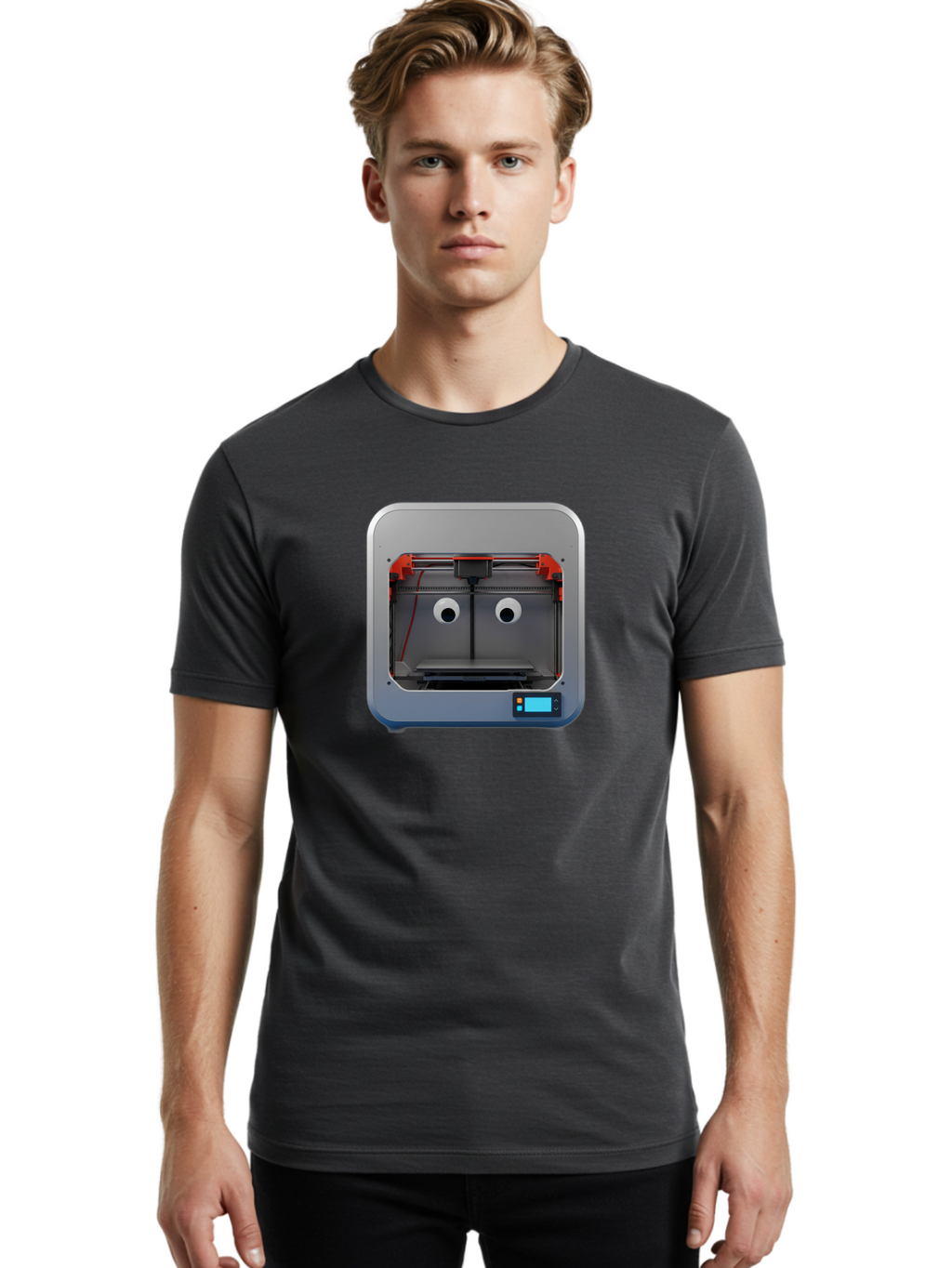 3D-Printer-27 Men'S Graphic Tee, 100% Cotton, Comfortable Casual Summer Wear, Machine Washable, 3D Printing Technology, Additive Manufacturing, Digital Fabrication, Printer Interior, Gray Metal Frame, Orange Accents, Control Panel, Baa021