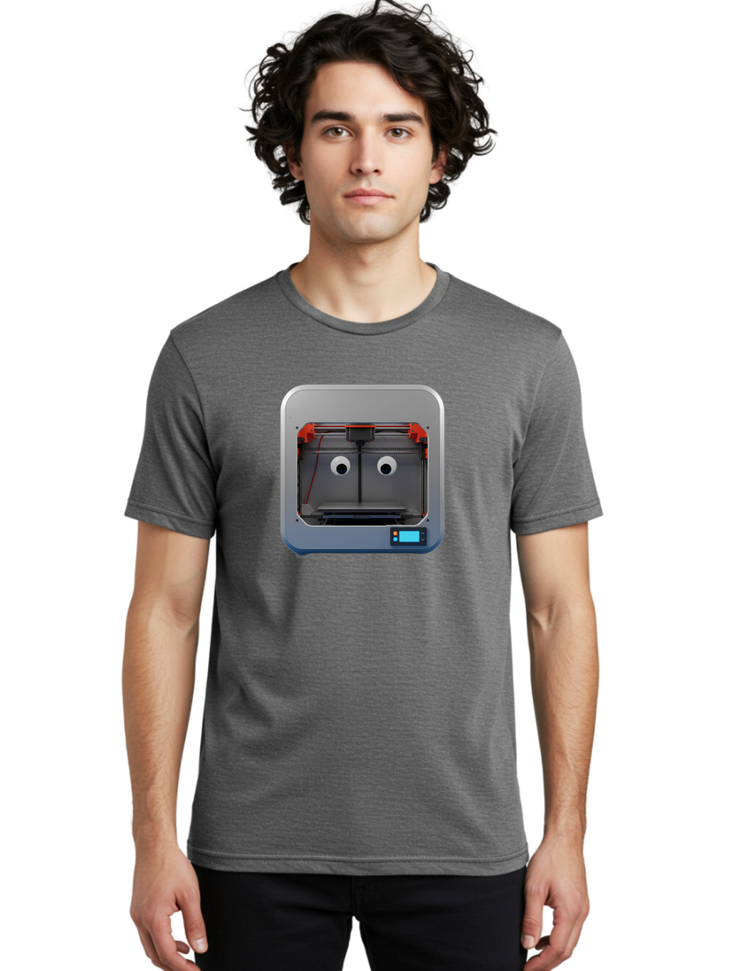 3D-Printer-27 Men'S Graphic Tee, 100% Cotton, Comfortable Casual Summer Wear, Machine Washable, 3D Printing Technology, Additive Manufacturing, Digital Fabrication, Printer Interior, Gray Metal Frame, Orange Accents, Control Panel, Baa021