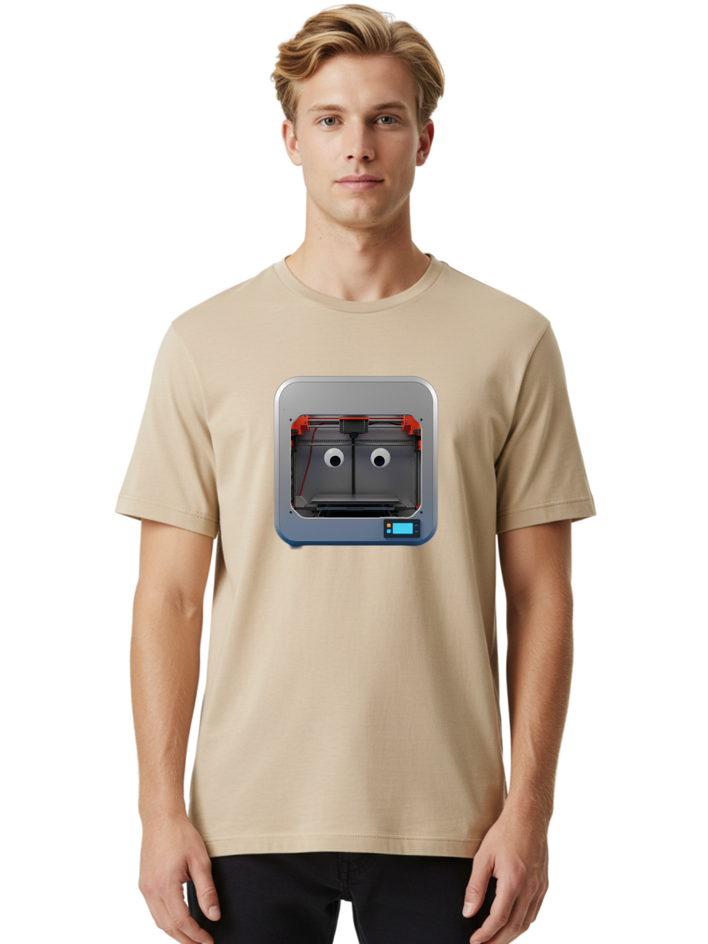 3D-Printer-27 Men'S Graphic Tee, 100% Cotton, Comfortable Casual Summer Wear, Machine Washable, 3D Printing Technology, Additive Manufacturing, Digital Fabrication, Printer Interior, Gray Metal Frame, Orange Accents, Control Panel, Baa021