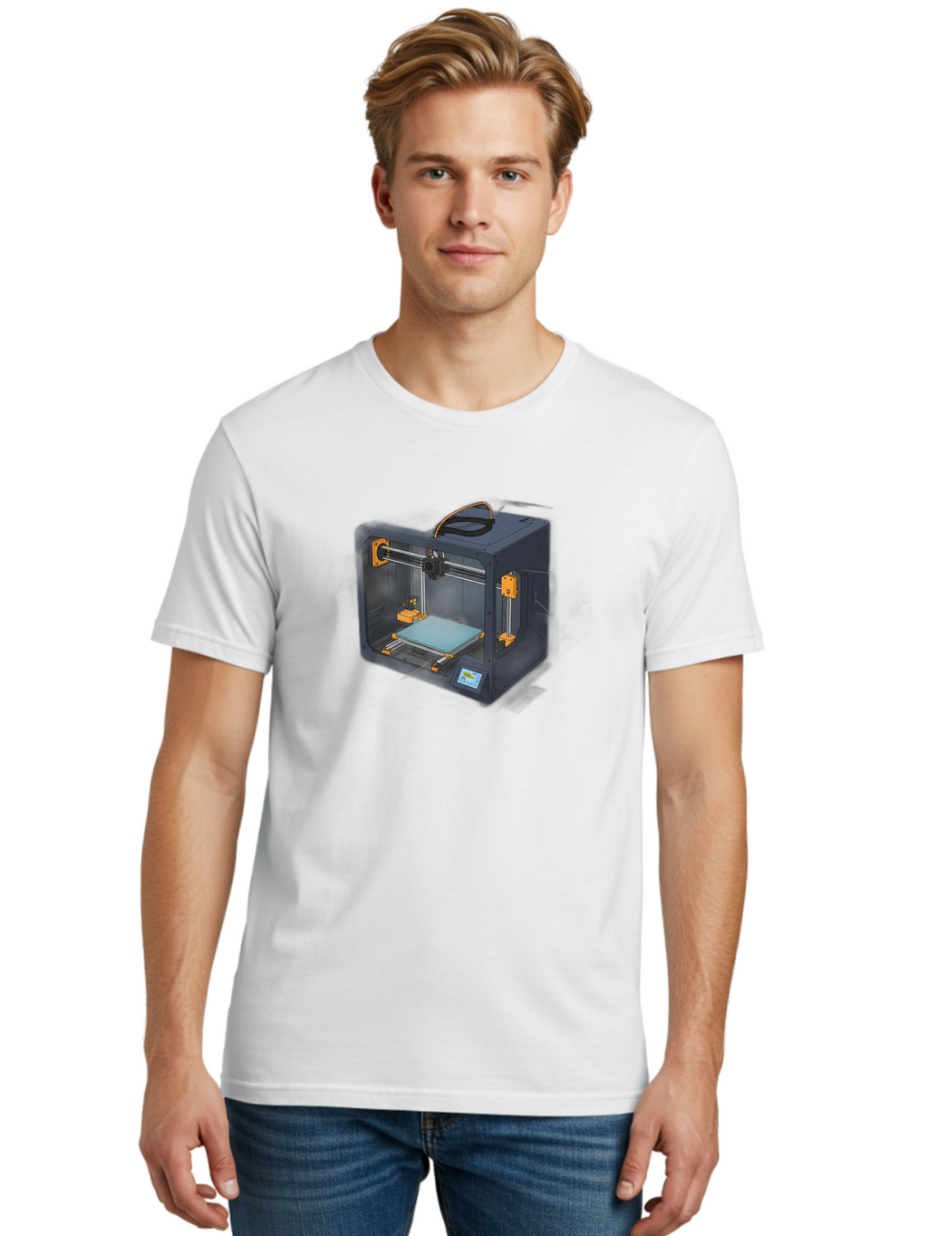 3D-Printer-3 Men'S Graphic Tee, 100% Cotton, Comfortable Casual Summer Wear, Machine Washable, 3D Printing Technology, Additive Manufacturing, Digital Fabrication, Rapid Prototyping, 3D Modeling, Futuristic Design, Innovative Machinery, Baa024
