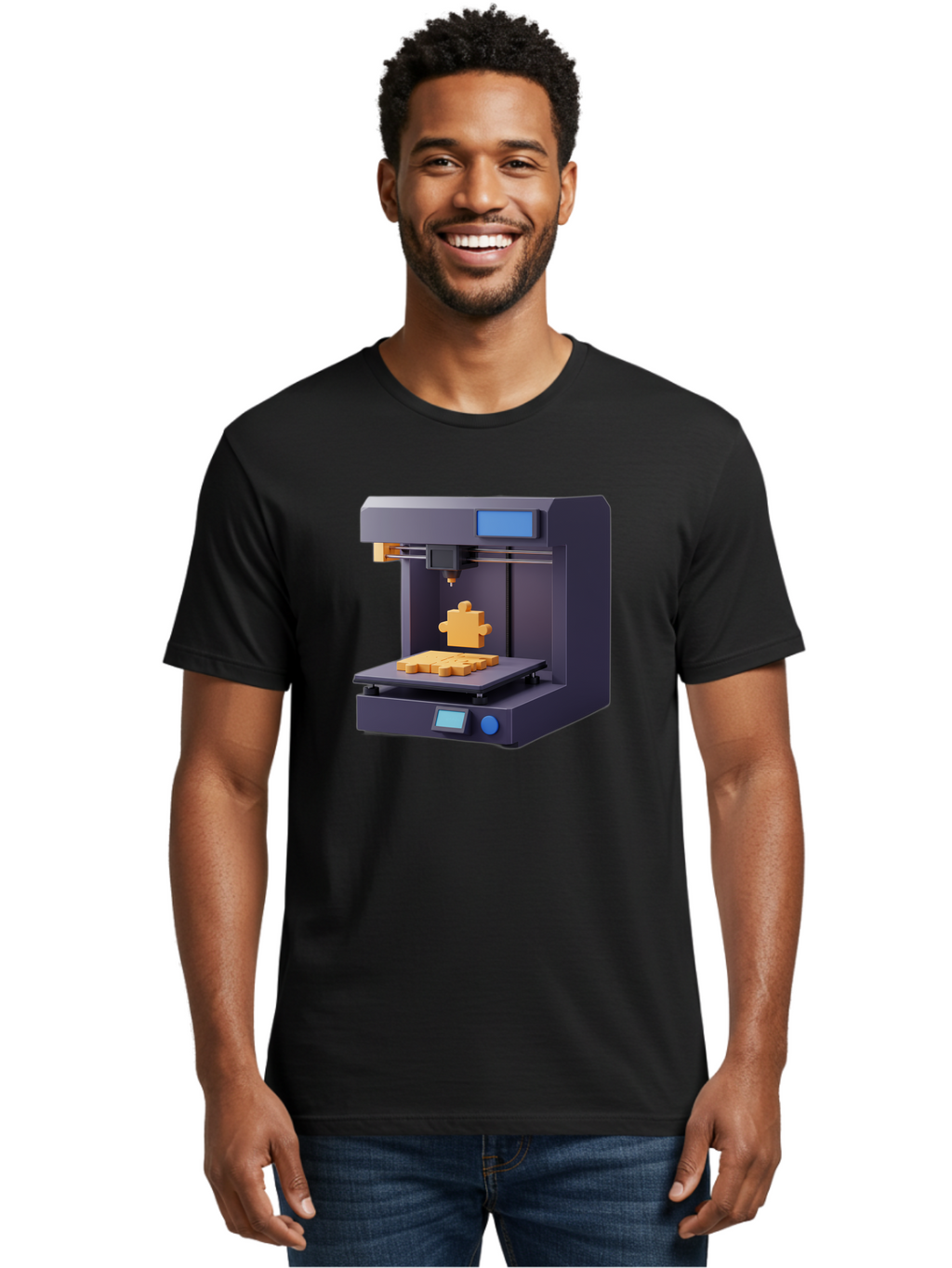 3D-Printer-30 Men'S Graphic Tee, 100% Cotton, Comfortable Casual Summer Wear, Machine Washable, 3D Printing Technology, Additive Manufacturing, Puzzle Piece Being Printed, Modern Machinery, Digital Fabrication, 3D Modeling, Yellow Plastic, Baa025