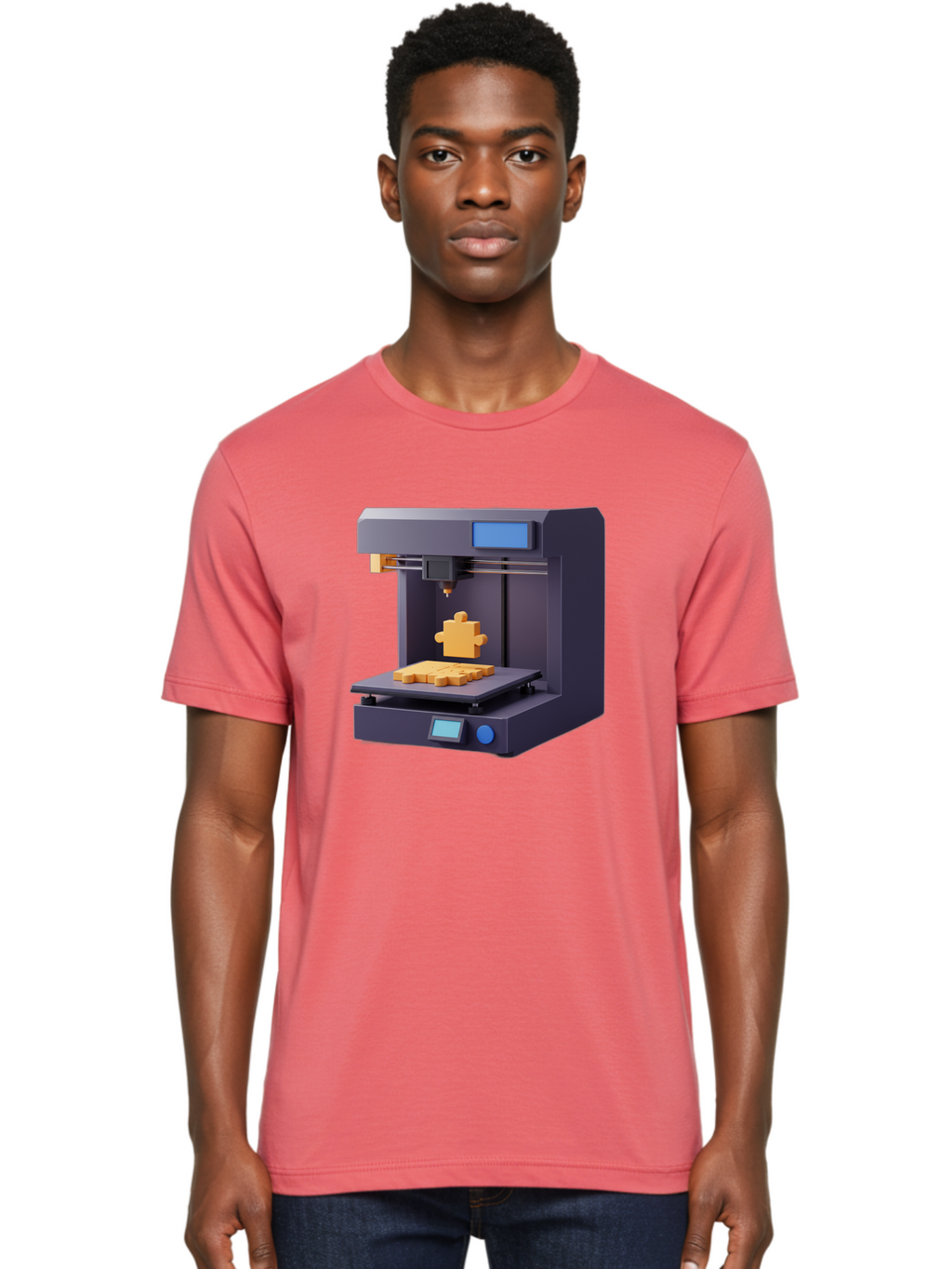 3D-Printer-30 Men'S Graphic Tee, 100% Cotton, Comfortable Casual Summer Wear, Machine Washable, 3D Printing Technology, Additive Manufacturing, Puzzle Piece Being Printed, Modern Machinery, Digital Fabrication, 3D Modeling, Yellow Plastic, Baa025