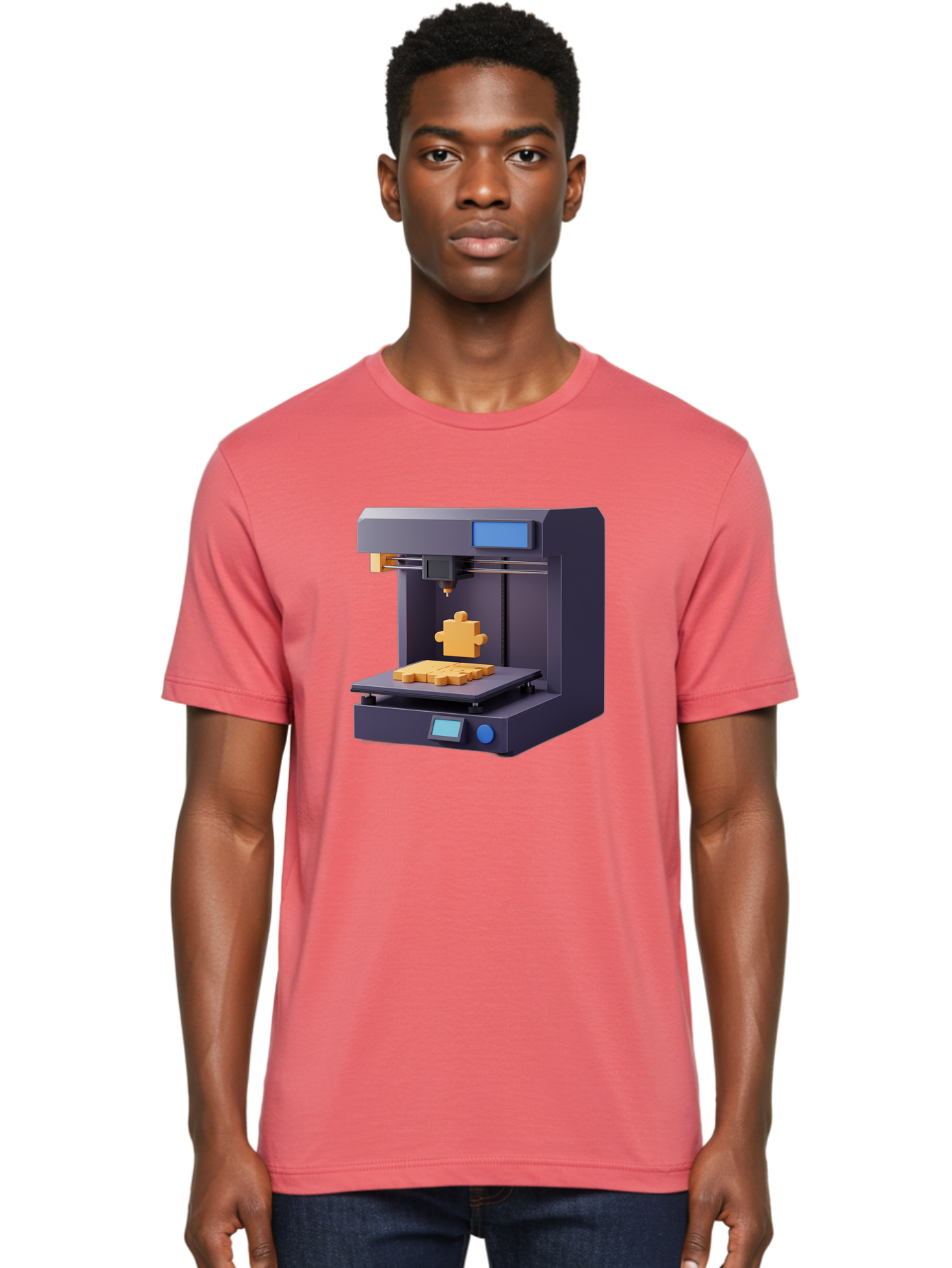 3D-Printer-30 Men'S Graphic Tee, 100% Cotton, Comfortable Casual Summer Wear, Machine Washable, 3D Printing Technology, Additive Manufacturing, Puzzle Piece Being Printed, Modern Machinery, Digital Fabrication, 3D Modeling, Yellow Plastic, Baa025