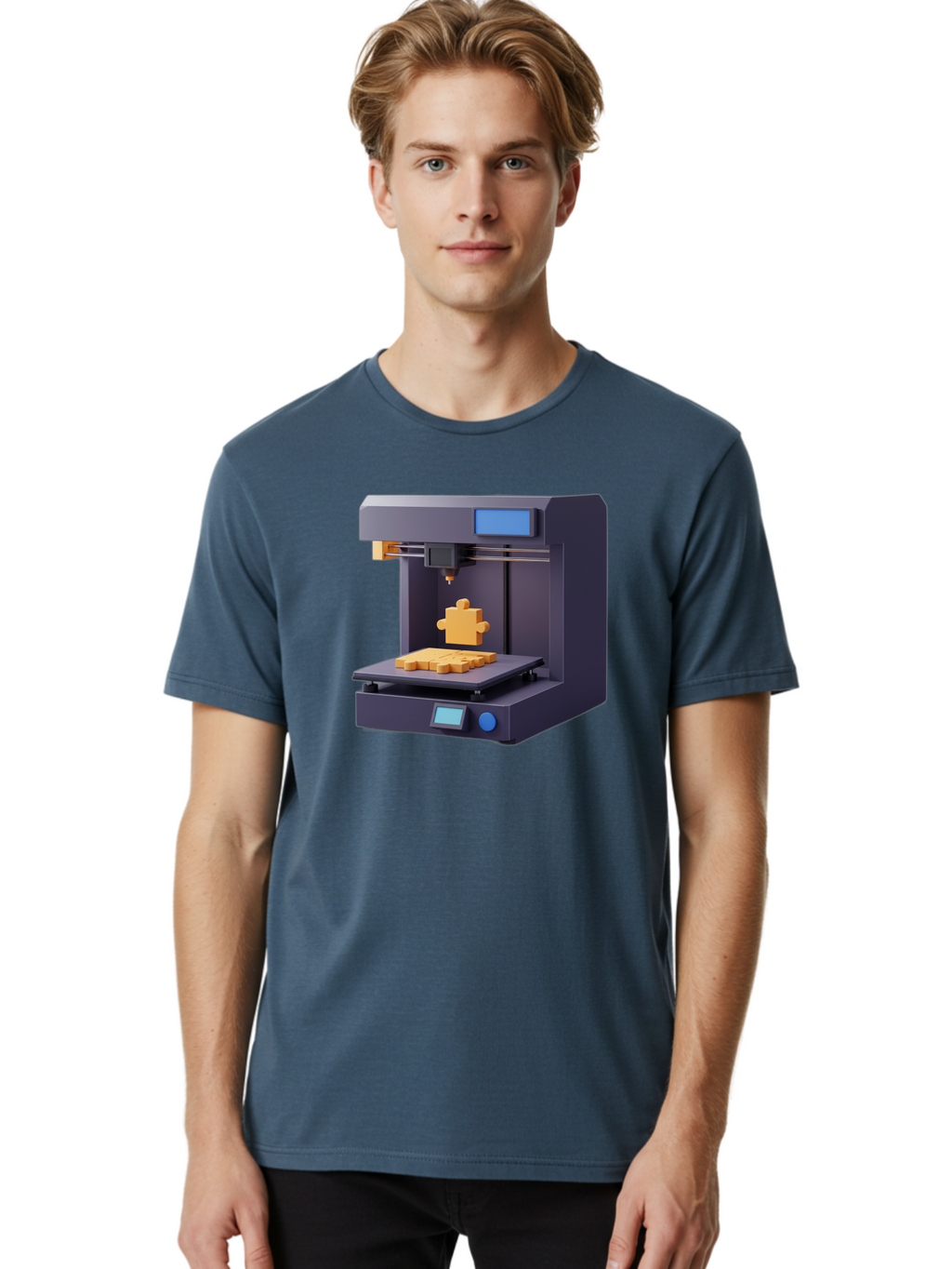 3D-Printer-30 Men'S Graphic Tee, 100% Cotton, Comfortable Casual Summer Wear, Machine Washable, 3D Printing Technology, Additive Manufacturing, Puzzle Piece Being Printed, Modern Machinery, Digital Fabrication, 3D Modeling, Yellow Plastic, Baa025