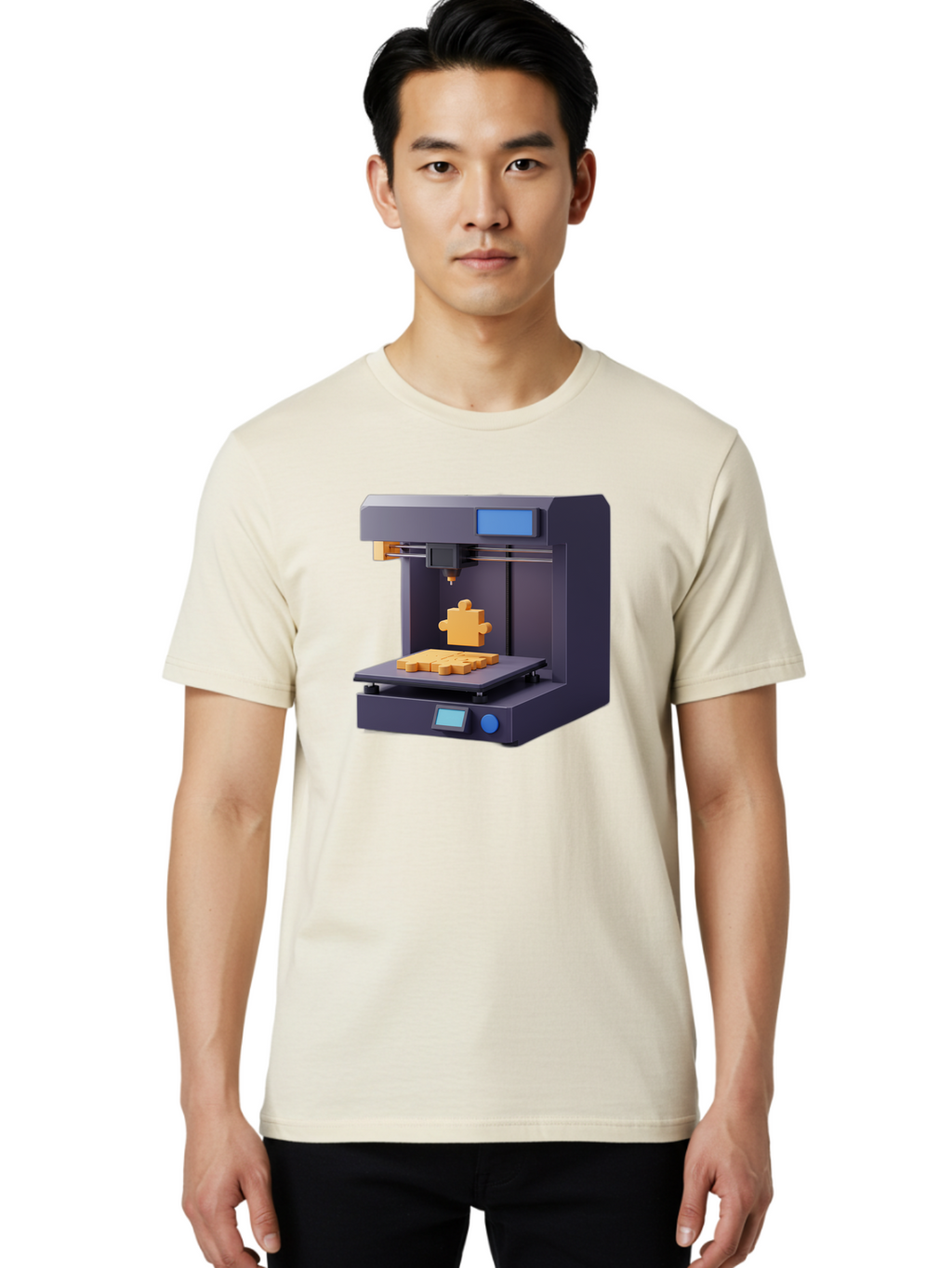 3D-Printer-30 Men'S Graphic Tee, 100% Cotton, Comfortable Casual Summer Wear, Machine Washable, 3D Printing Technology, Additive Manufacturing, Puzzle Piece Being Printed, Modern Machinery, Digital Fabrication, 3D Modeling, Yellow Plastic, Baa025