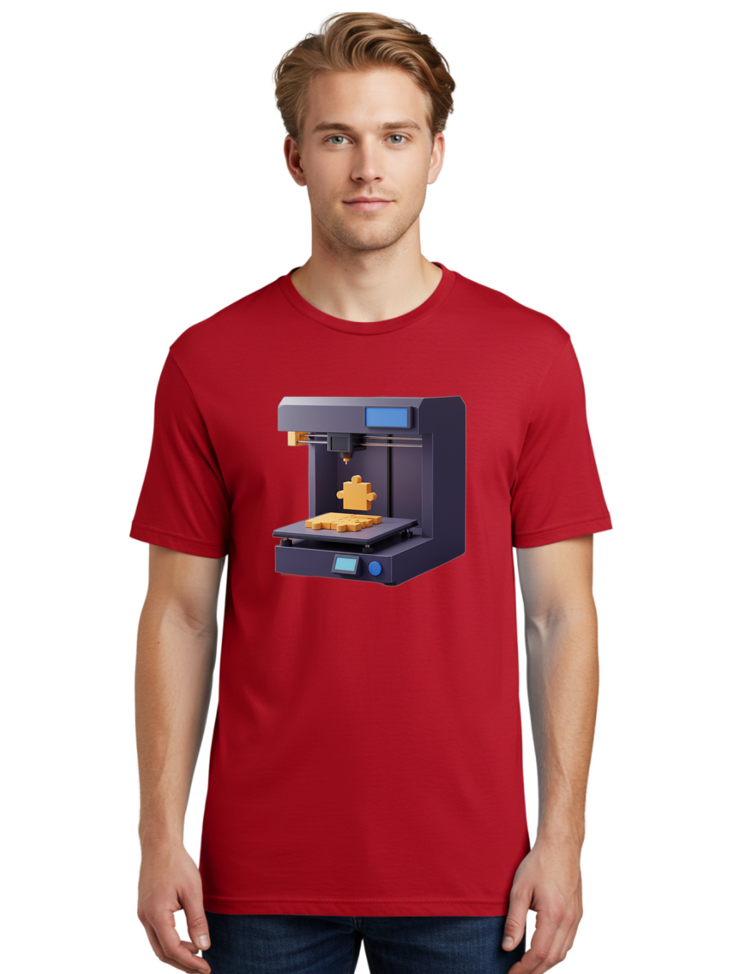 3D-Printer-30 Men'S Graphic Tee, 100% Cotton, Comfortable Casual Summer Wear, Machine Washable, 3D Printing Technology, Additive Manufacturing, Puzzle Piece Being Printed, Modern Machinery, Digital Fabrication, 3D Modeling, Yellow Plastic, Baa025