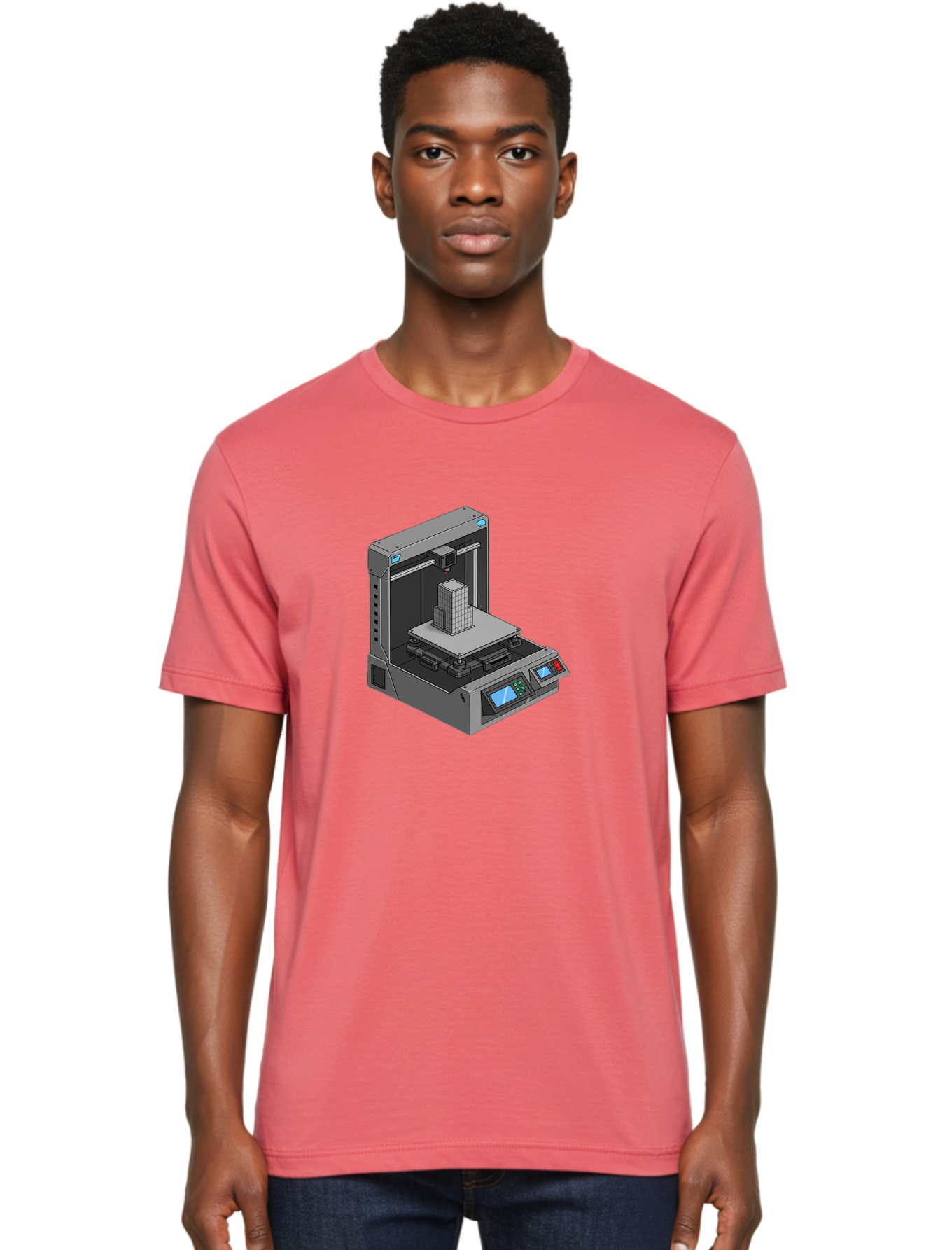 3D-Printer-36 Men'S Graphic Tee, 100% Cotton, Comfortable Casual Summer Wear, Machine Washable, 3D Printing Technology, Additive Manufacturing, Gray 3D Printer, Control Panel, Digital Display, Printing Process, Cube-Shaped Object, Baa031