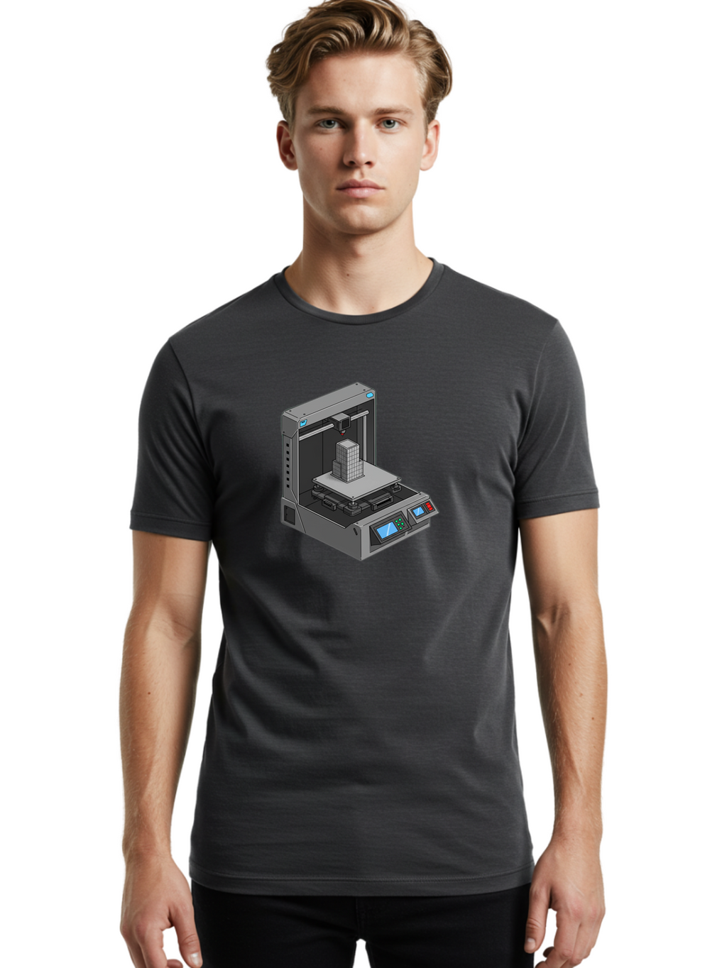 3D-Printer-36 Men'S Graphic Tee, 100% Cotton, Comfortable Casual Summer Wear, Machine Washable, 3D Printing Technology, Additive Manufacturing, Gray 3D Printer, Control Panel, Digital Display, Printing Process, Cube-Shaped Object, Baa031