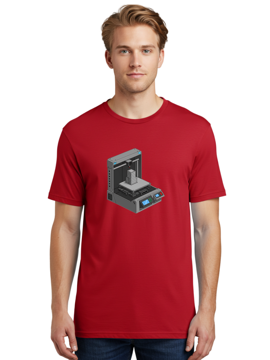 3D-Printer-36 Men'S Graphic Tee, 100% Cotton, Comfortable Casual Summer Wear, Machine Washable, 3D Printing Technology, Additive Manufacturing, Gray 3D Printer, Control Panel, Digital Display, Printing Process, Cube-Shaped Object, Baa031