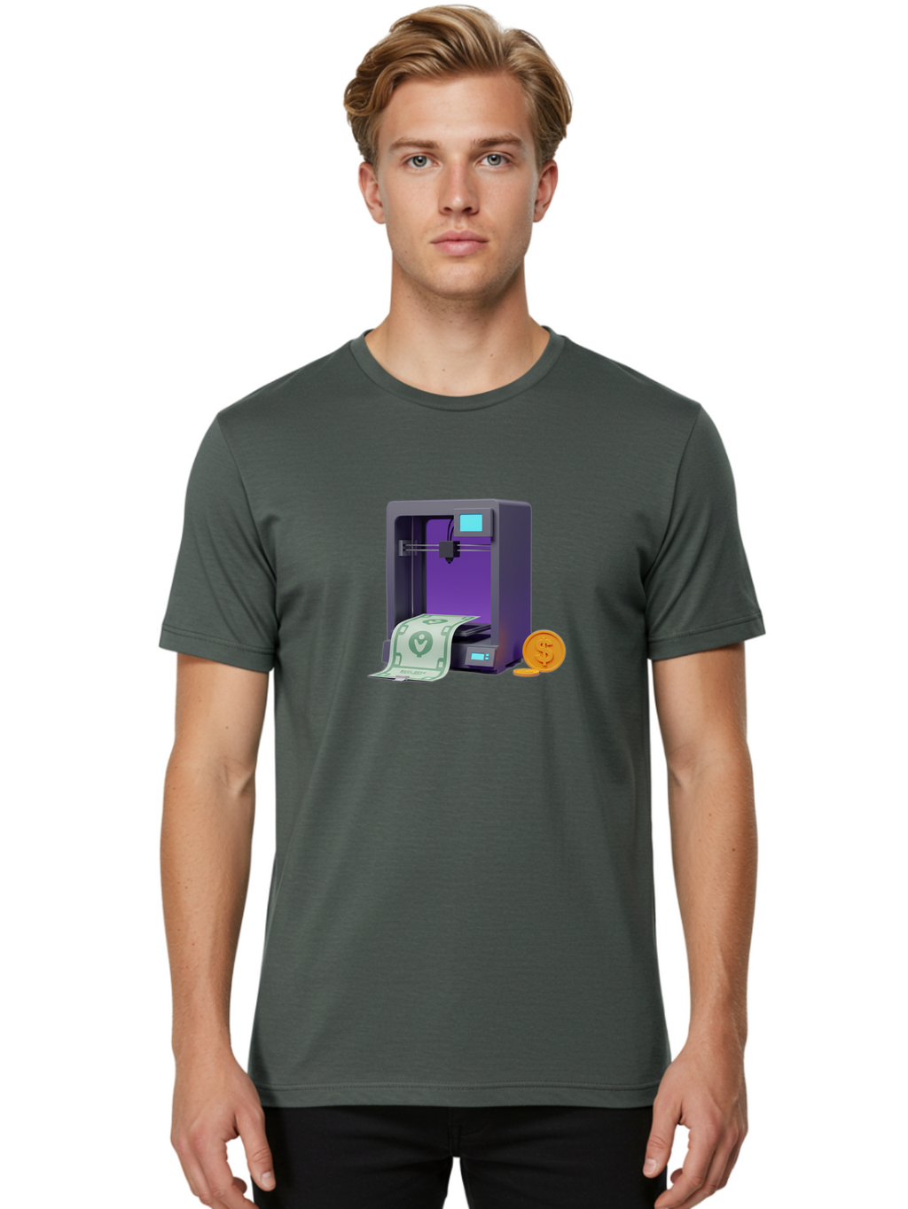 3D-Printer-37 Men'S Graphic Tee, 100% Cotton, Comfortable Casual Summer Wear, Machine Washable, 3D Printing Technology, Money Printing, Dollar Bill, Coins, Financial Gain, Innovative Machinery, Futuristic Design, Cash Generation Baa032