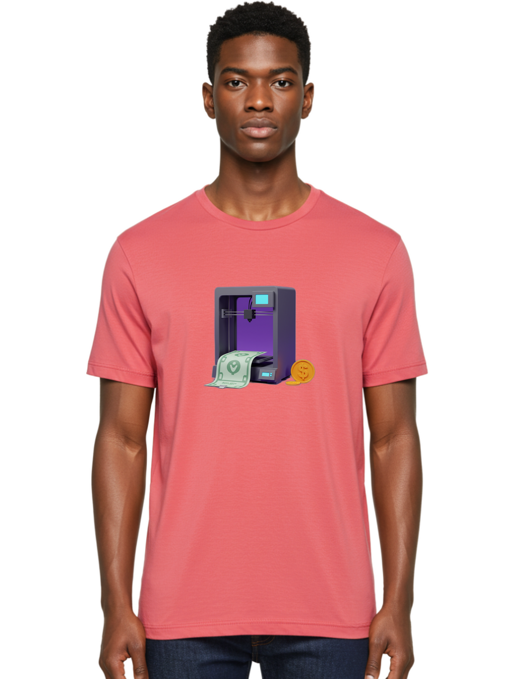 3D-Printer-37 Men'S Graphic Tee, 100% Cotton, Comfortable Casual Summer Wear, Machine Washable, 3D Printing Technology, Money Printing, Dollar Bill, Coins, Financial Gain, Innovative Machinery, Futuristic Design, Cash Generation Baa032