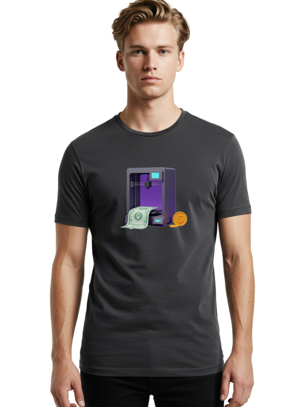 3D-Printer-37 Men'S Graphic Tee, 100% Cotton, Comfortable Casual Summer Wear, Machine Washable, 3D Printing Technology, Money Printing, Dollar Bill, Coins, Financial Gain, Innovative Machinery, Futuristic Design, Cash Generation Baa032