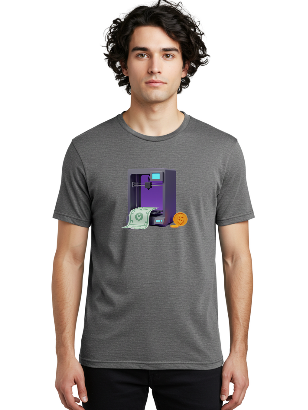 3D-Printer-37 Men'S Graphic Tee, 100% Cotton, Comfortable Casual Summer Wear, Machine Washable, 3D Printing Technology, Money Printing, Dollar Bill, Coins, Financial Gain, Innovative Machinery, Futuristic Design, Cash Generation Baa032