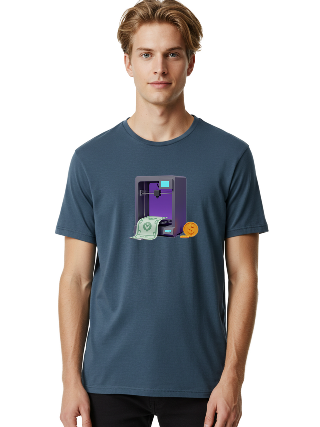 3D-Printer-37 Men'S Graphic Tee, 100% Cotton, Comfortable Casual Summer Wear, Machine Washable, 3D Printing Technology, Money Printing, Dollar Bill, Coins, Financial Gain, Innovative Machinery, Futuristic Design, Cash Generation Baa032