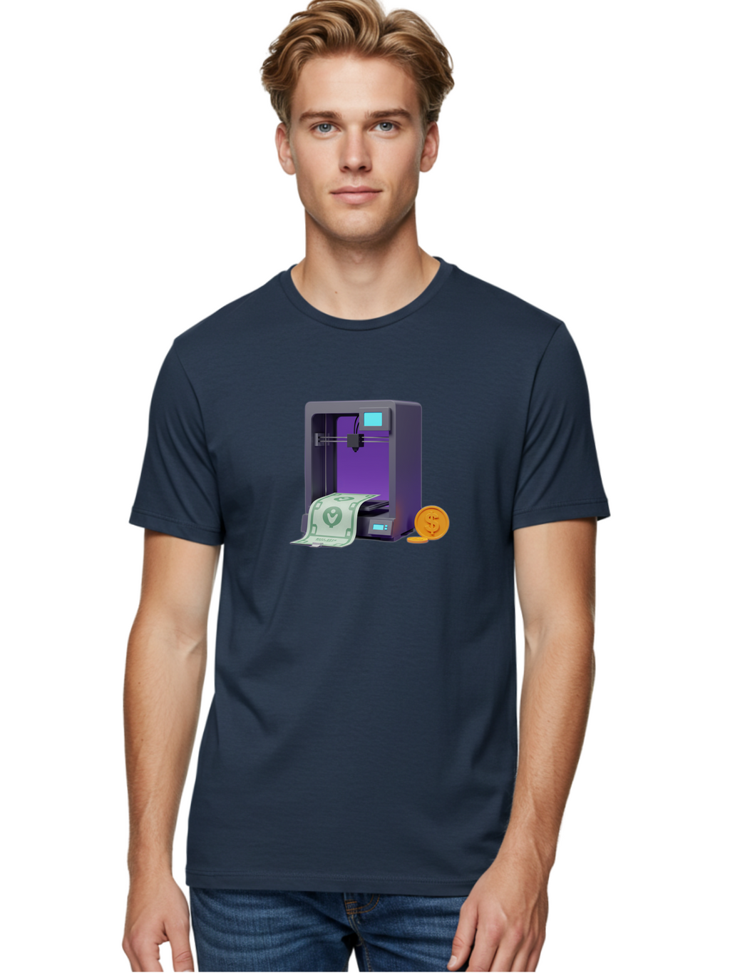 3D-Printer-37 Men'S Graphic Tee, 100% Cotton, Comfortable Casual Summer Wear, Machine Washable, 3D Printing Technology, Money Printing, Dollar Bill, Coins, Financial Gain, Innovative Machinery, Futuristic Design, Cash Generation Baa032