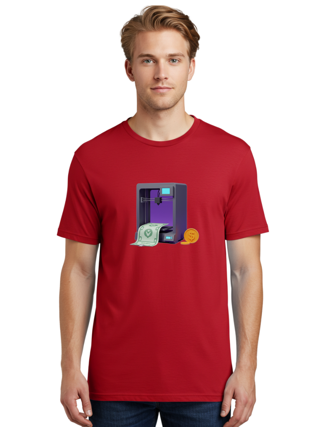 3D-Printer-37 Men'S Graphic Tee, 100% Cotton, Comfortable Casual Summer Wear, Machine Washable, 3D Printing Technology, Money Printing, Dollar Bill, Coins, Financial Gain, Innovative Machinery, Futuristic Design, Cash Generation Baa032