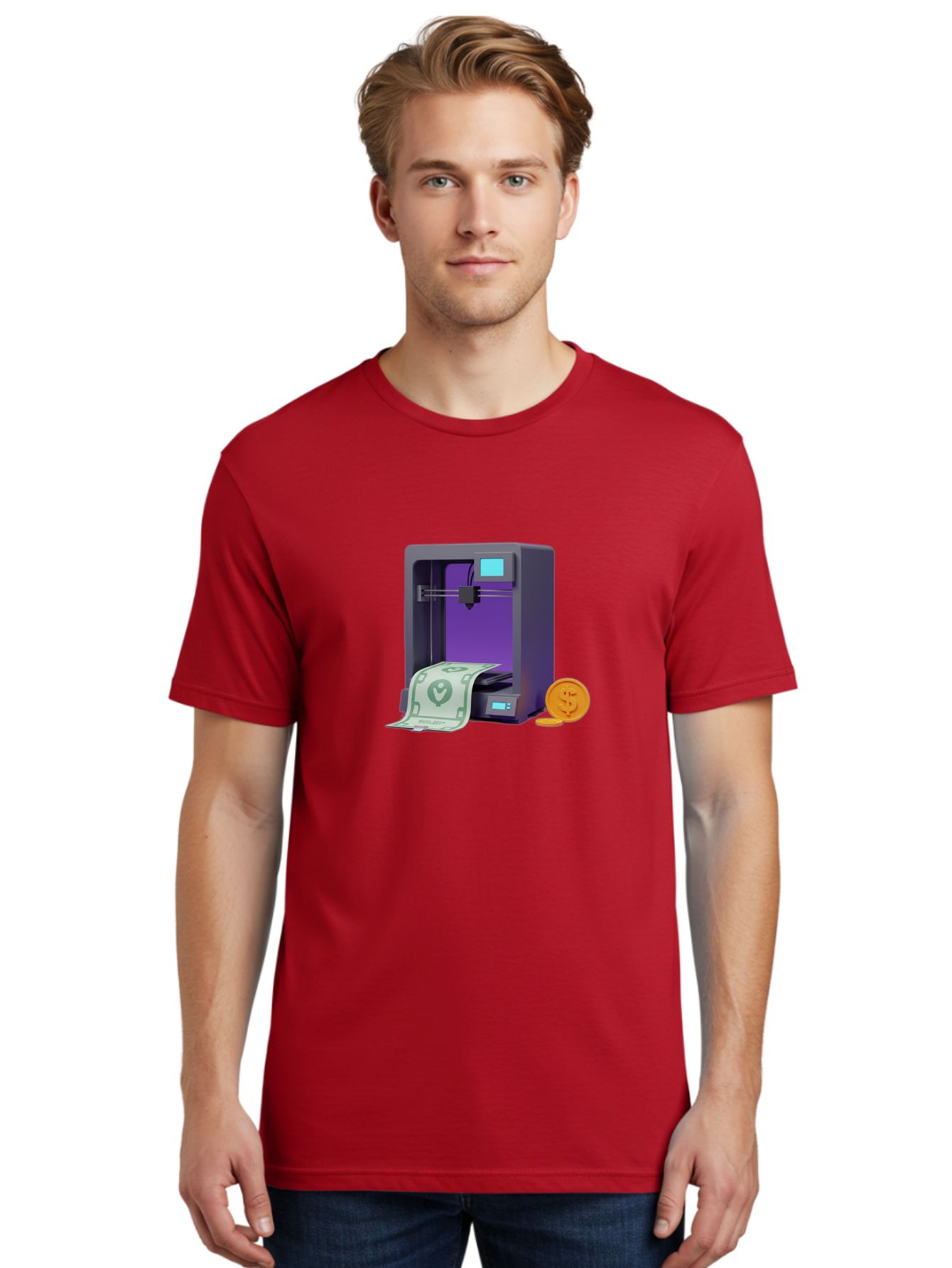 3D-Printer-37 Men'S Graphic Tee, 100% Cotton, Comfortable Casual Summer Wear, Machine Washable, 3D Printing Technology, Money Printing, Dollar Bill, Coins, Financial Gain, Innovative Machinery, Futuristic Design, Cash Generation Baa032